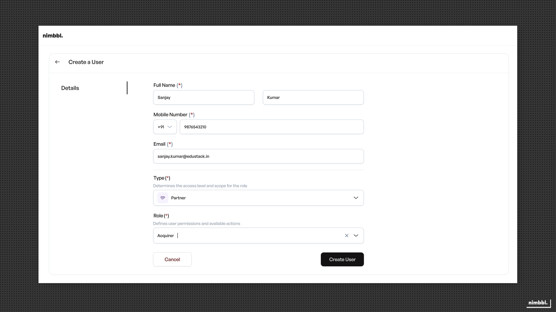Create a User form with details, type, role, and Create User button