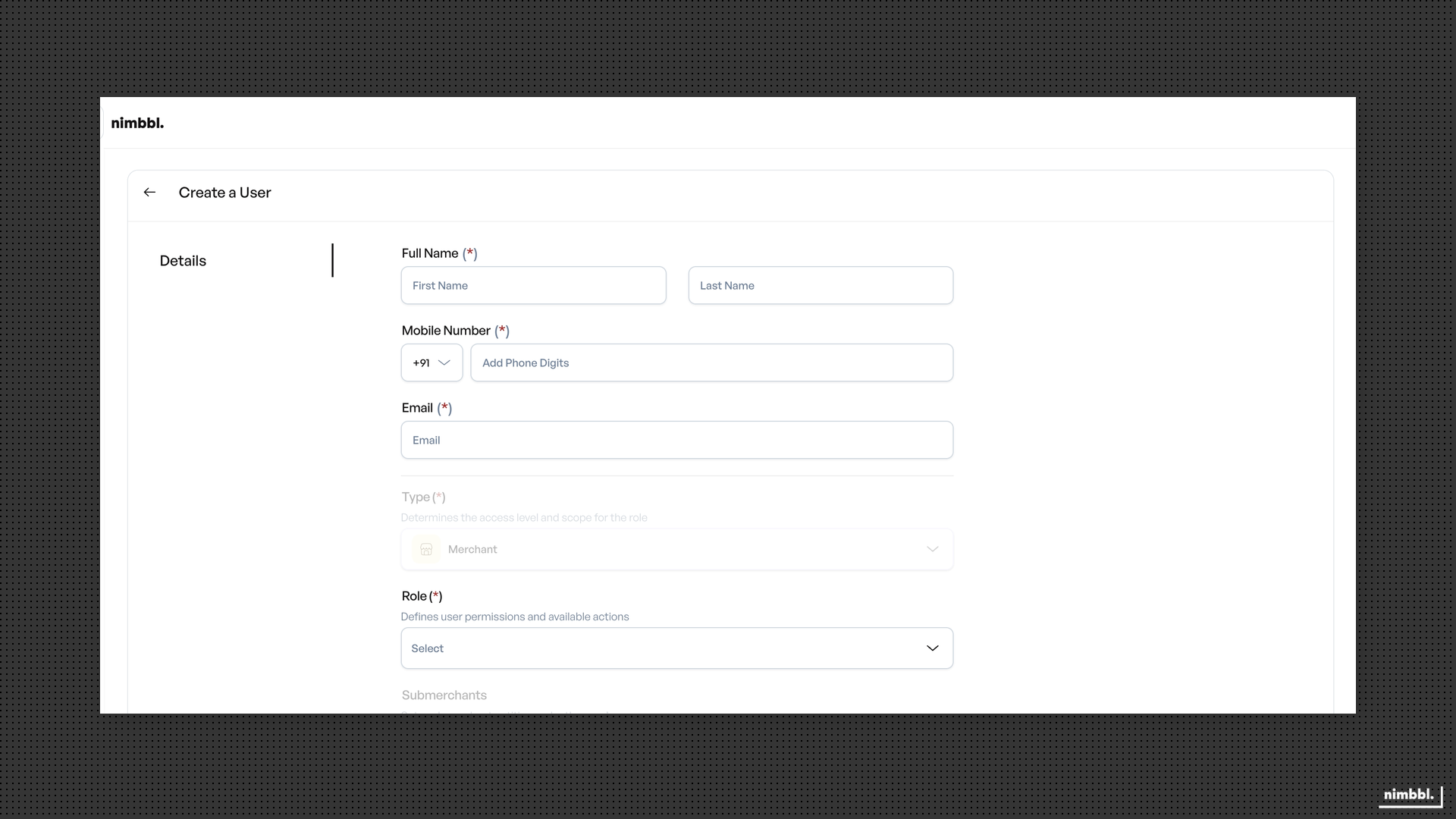 Add User form in Command Center showing user details, role selection, and access configuration