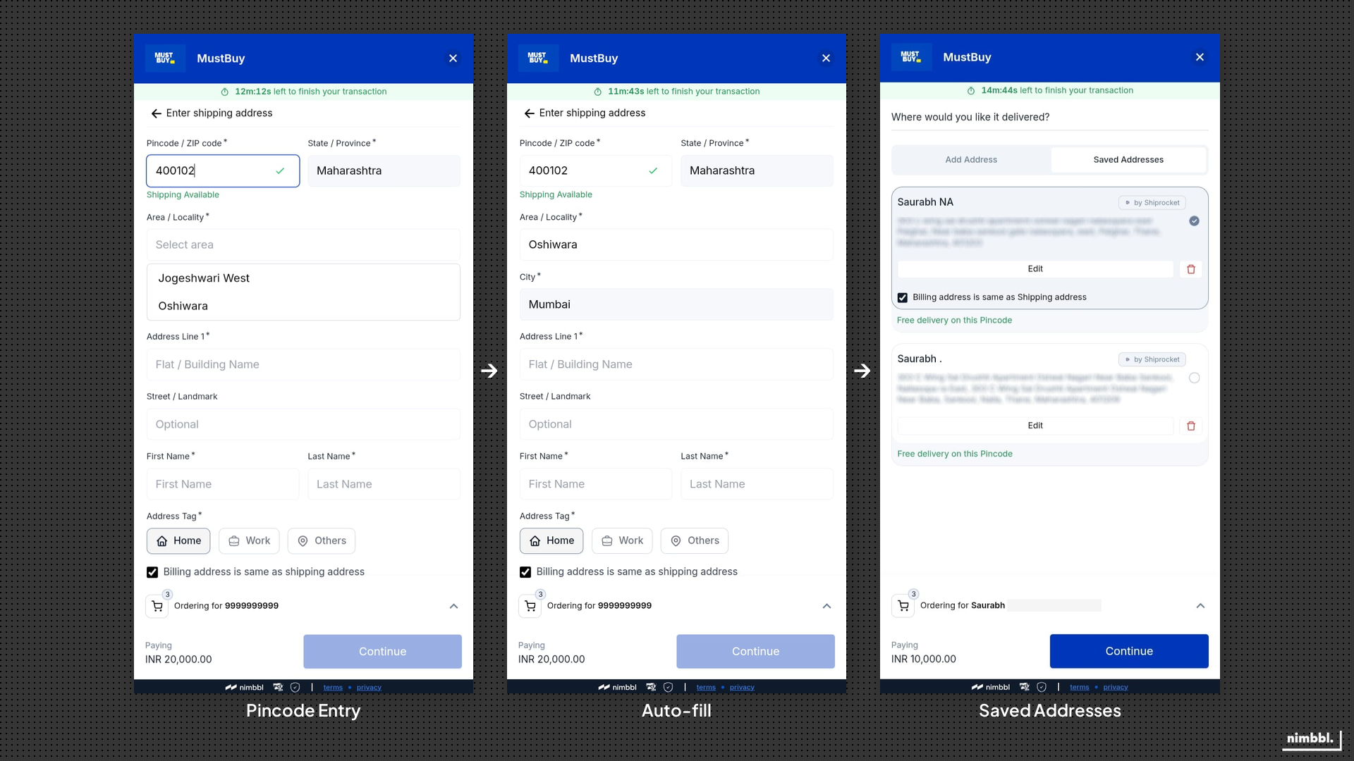 Saved addresses with Shiprocket integration on desktop and mobile