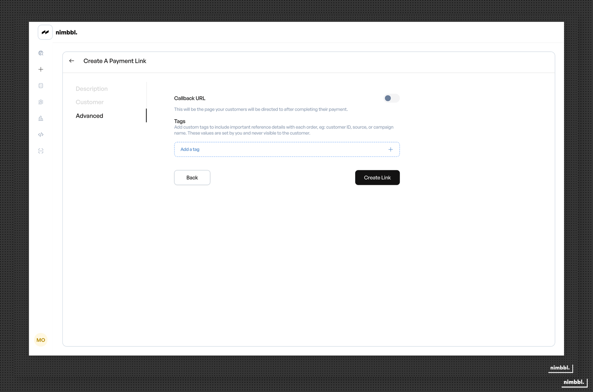 Payment Link creation form showing the Advanced tab