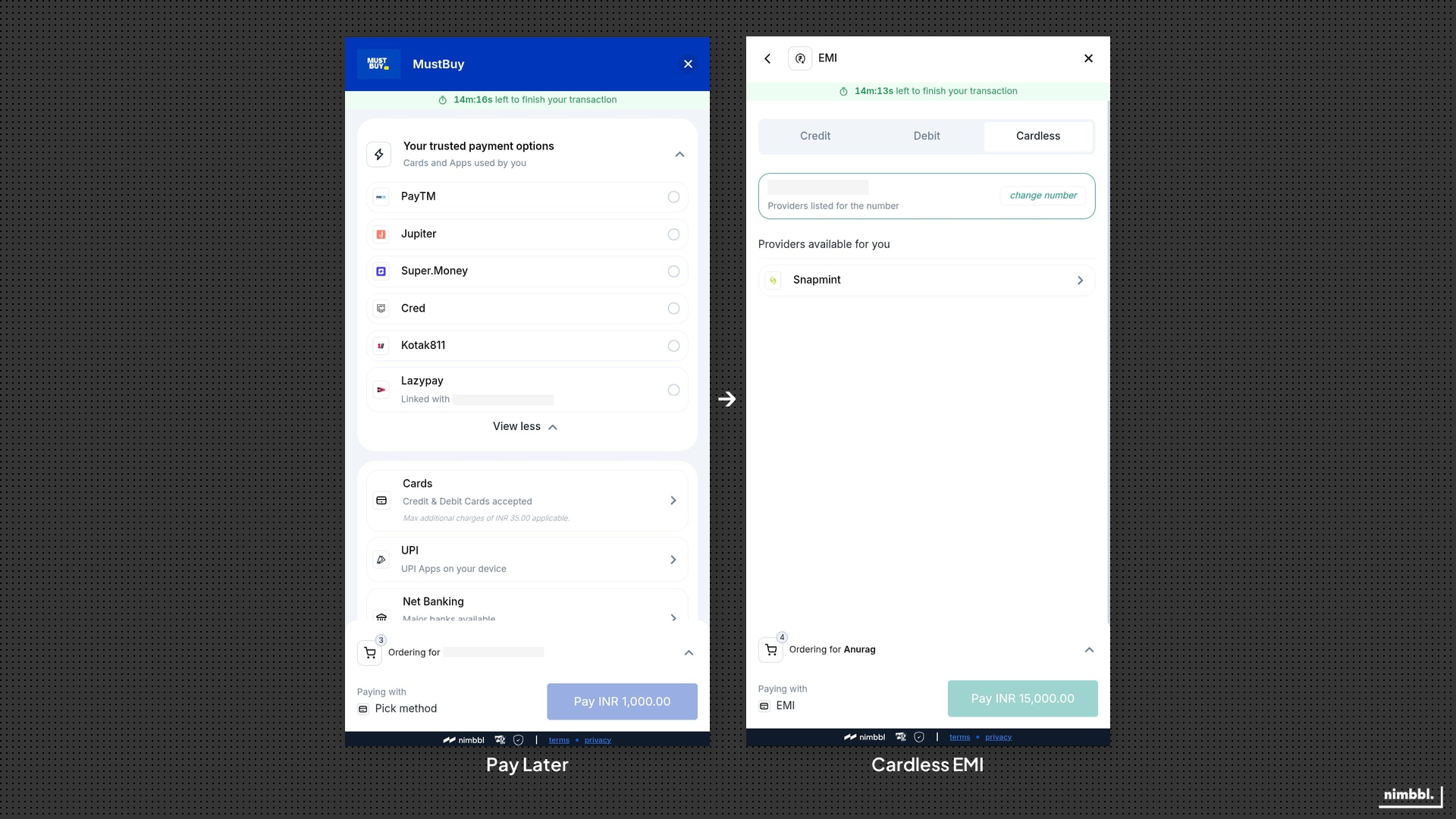 Pay Later and cardless EMI eligibility shown in checkout
