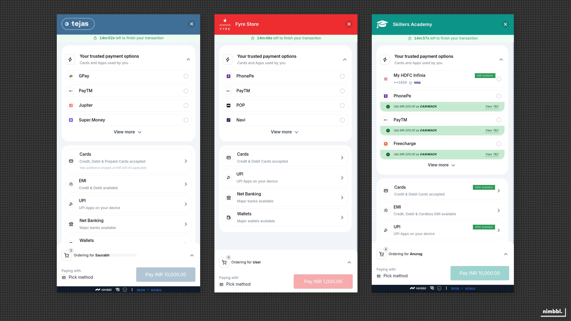 Branded checkout in three different merchant colour schemes