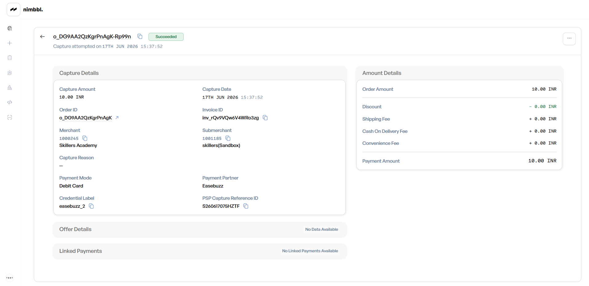 Capture detail view showing capture information, linked payment, and amount details