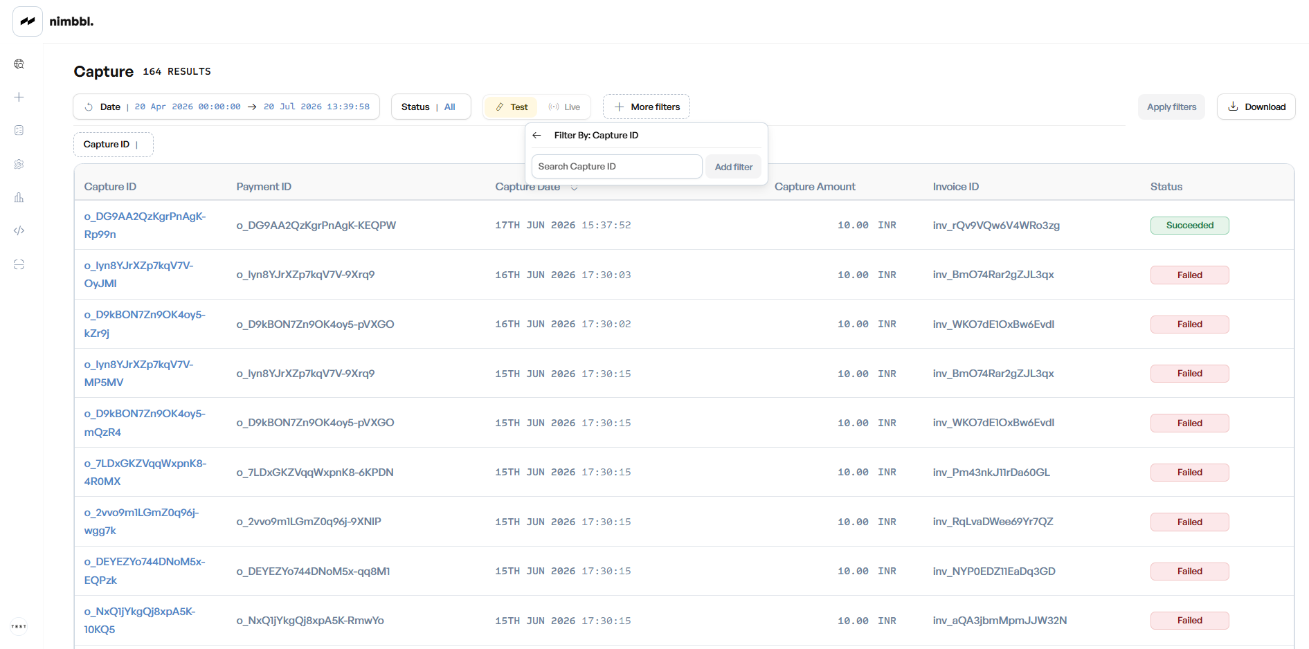 Filtering the Captures list by Capture ID using the Filter By panel