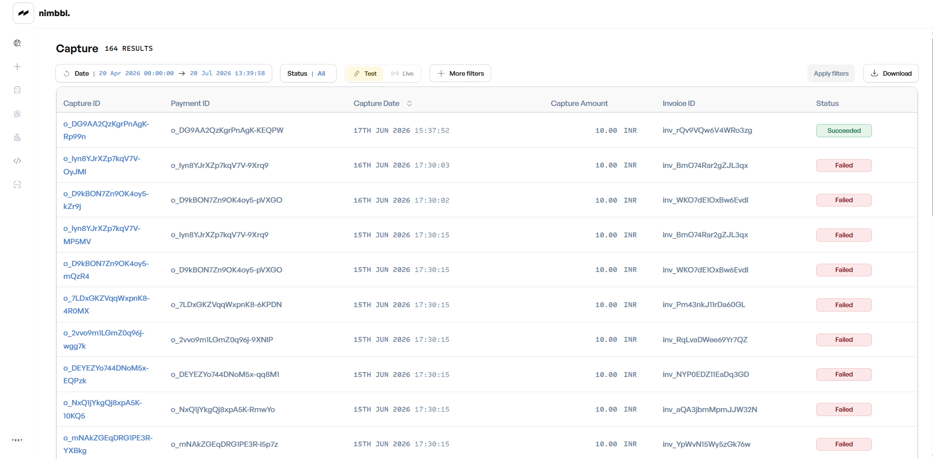 Captures list page showing the table with columns: Capture ID, Payment ID, Capture Date, Capture Mode, Capture Amount, Invoice ID, and Status
