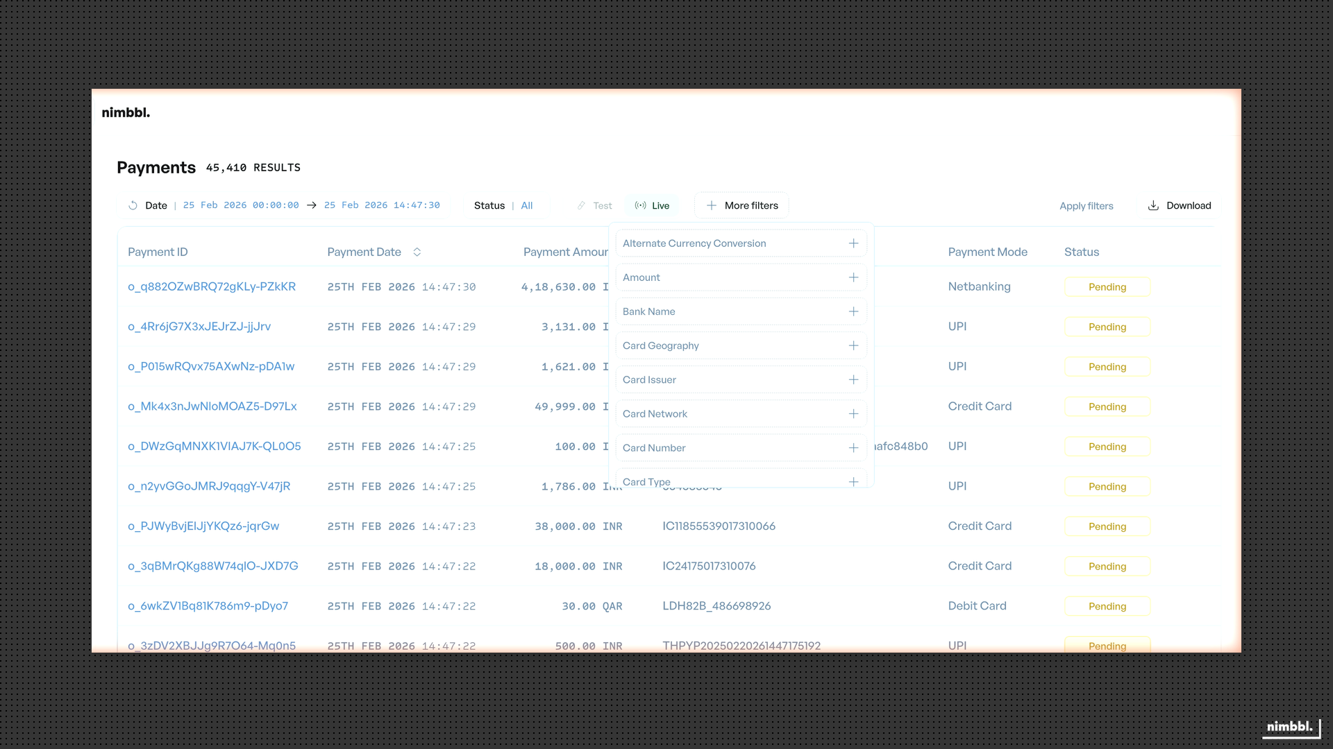 Card-specific filters in the advanced filters section