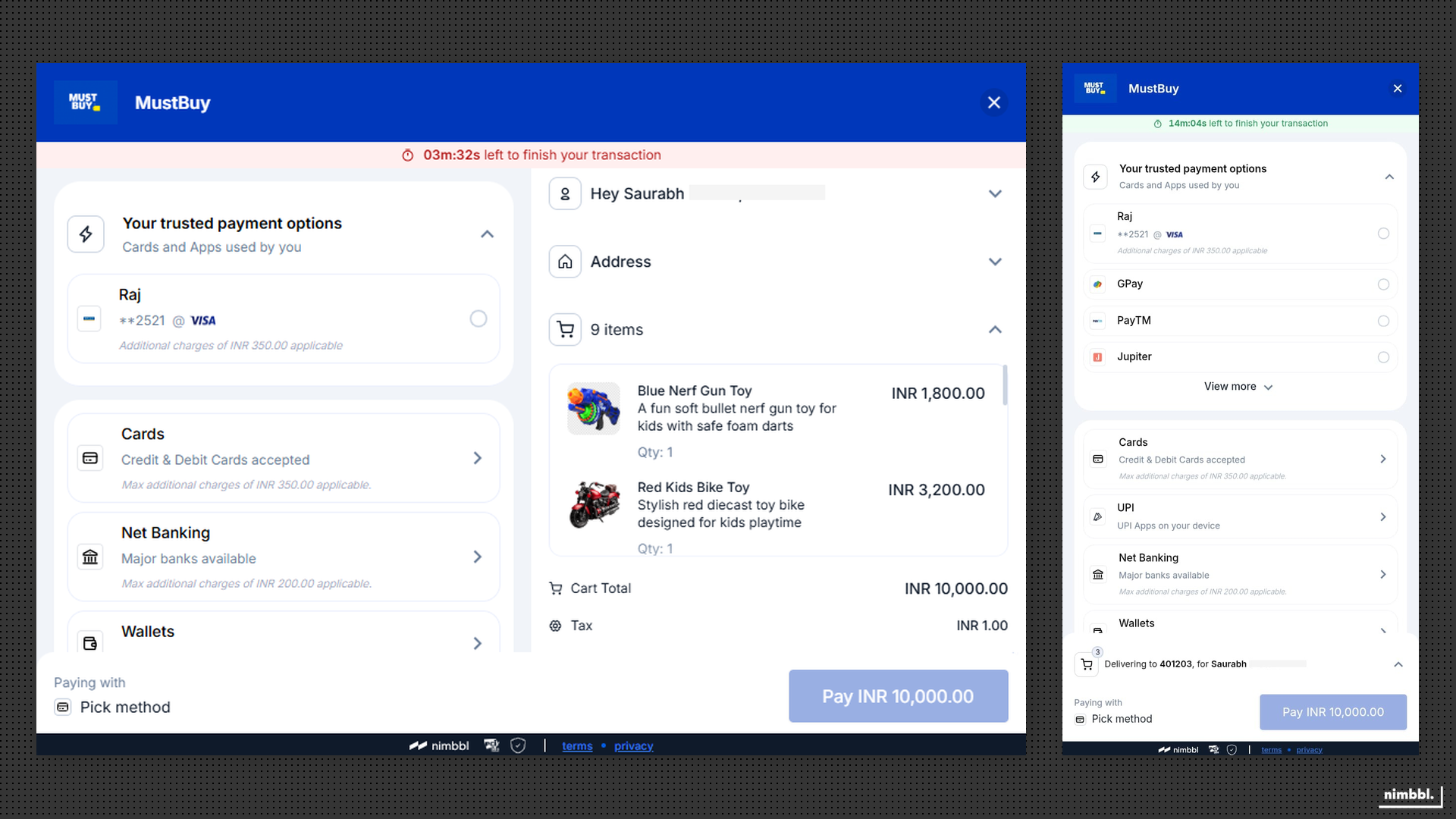 Sonic checkout showing personalized payment options on desktop and mobile