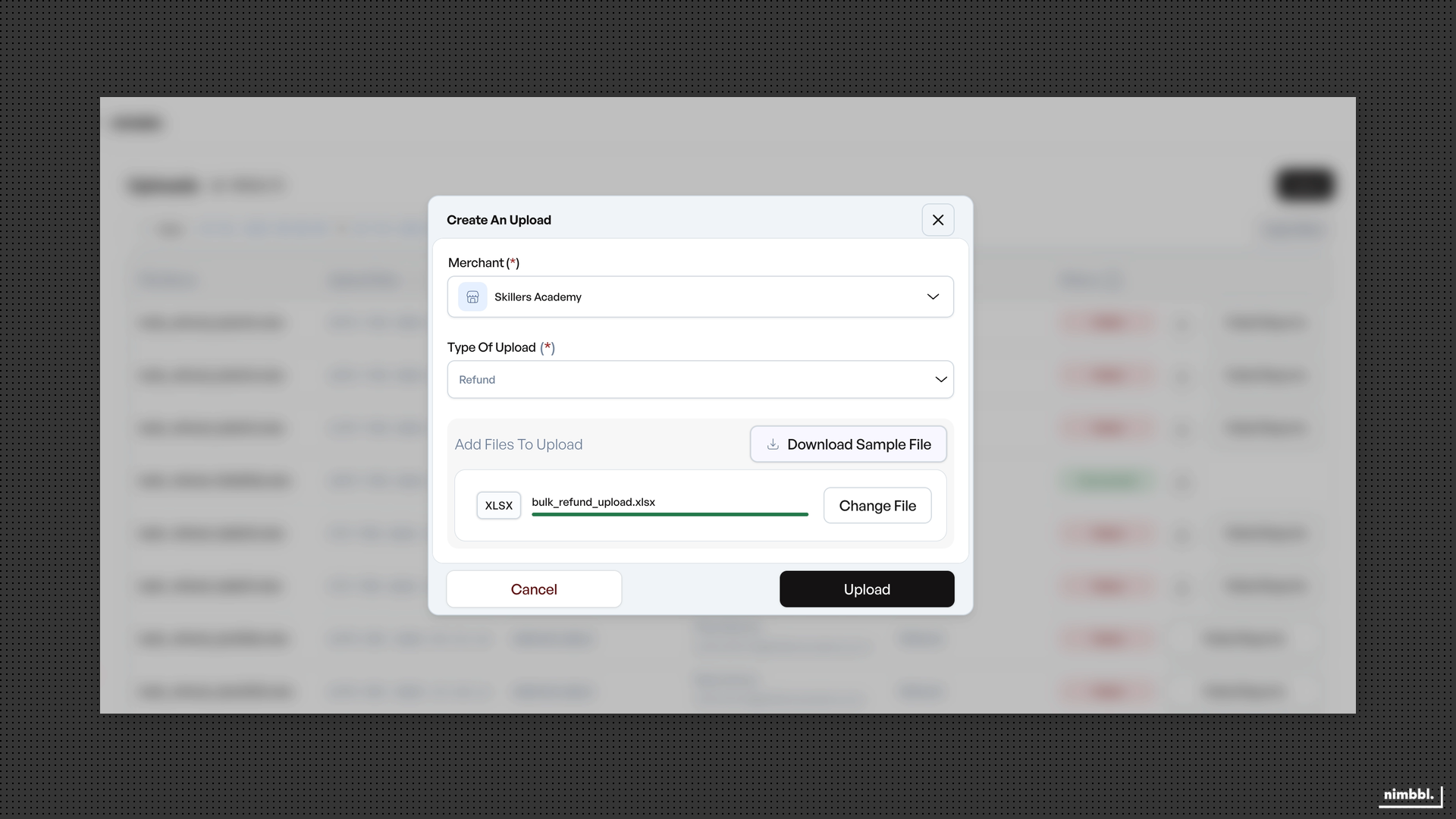 Upload dialog showing type selection and file upload area
