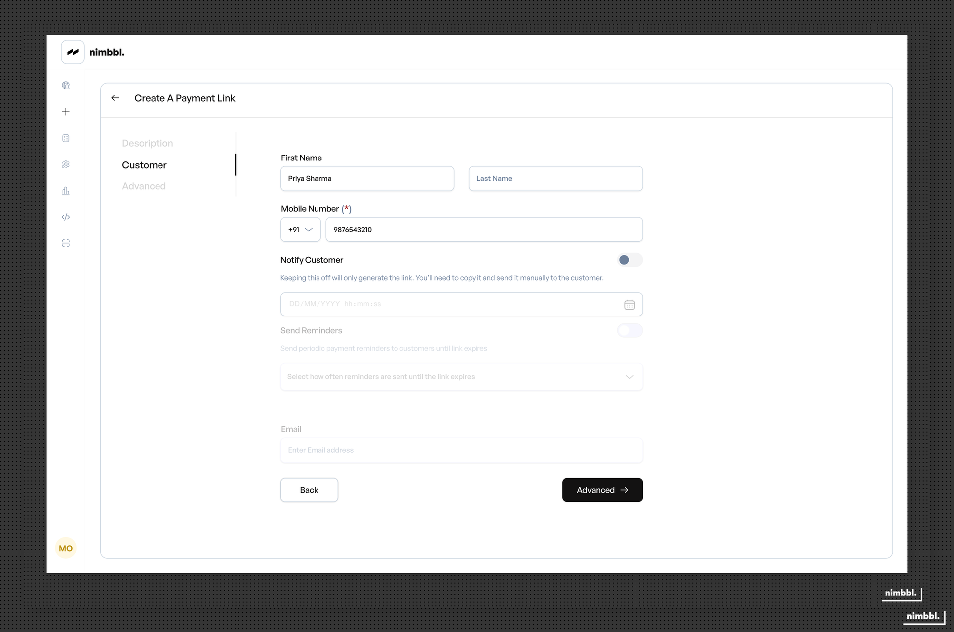 Payment Link creation form showing the Customer tab