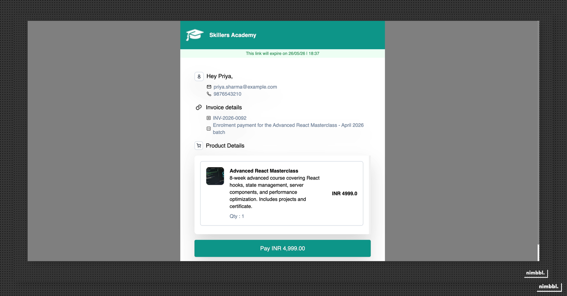 Customer view of a Payment Link showing payment details and form