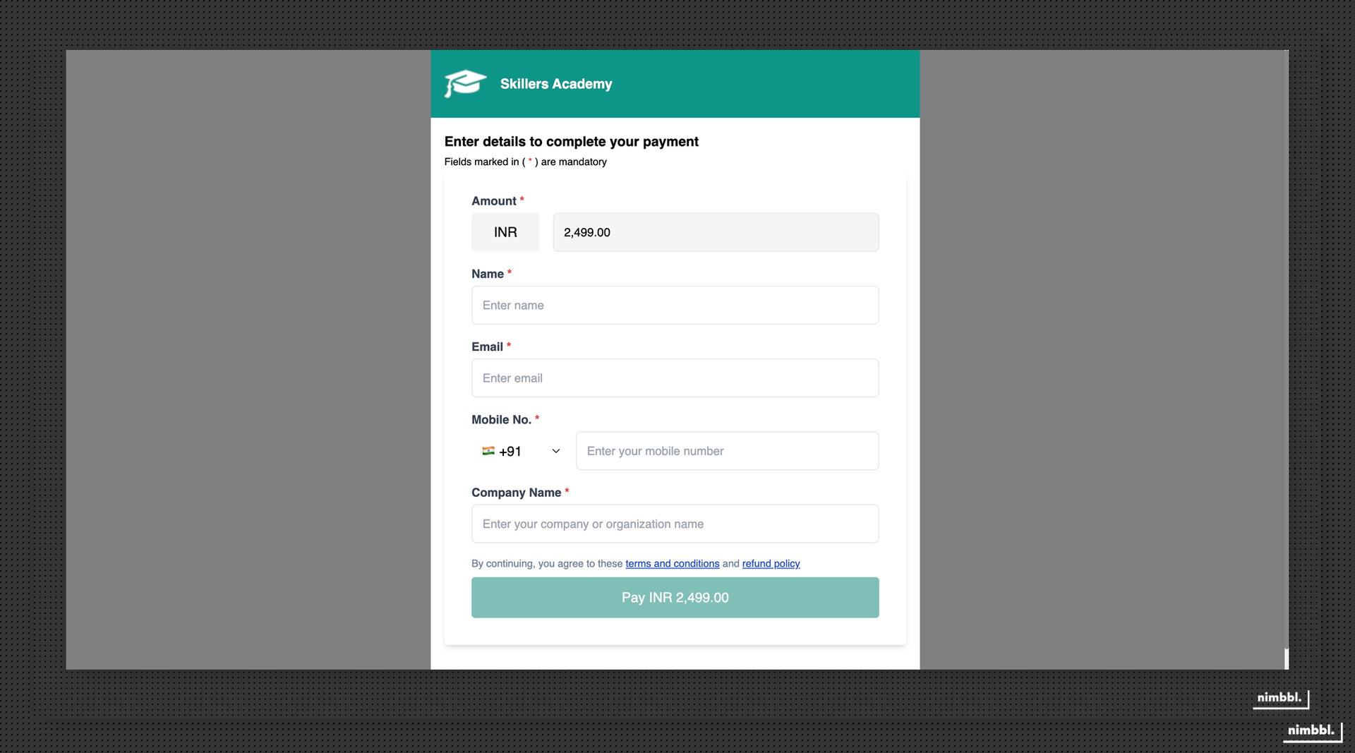 Customer view of a Payment Page showing the branded form with custom fields
