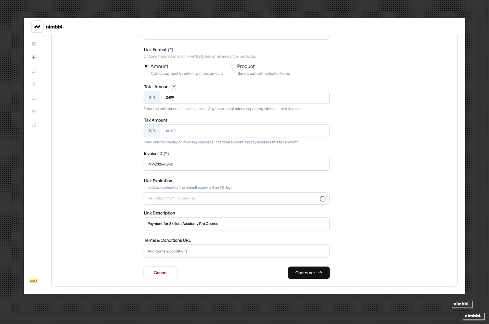 Payment Link creation form showing the Details tab