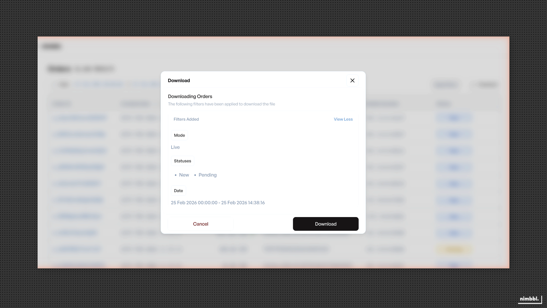 Download confirmation showing applied filters
