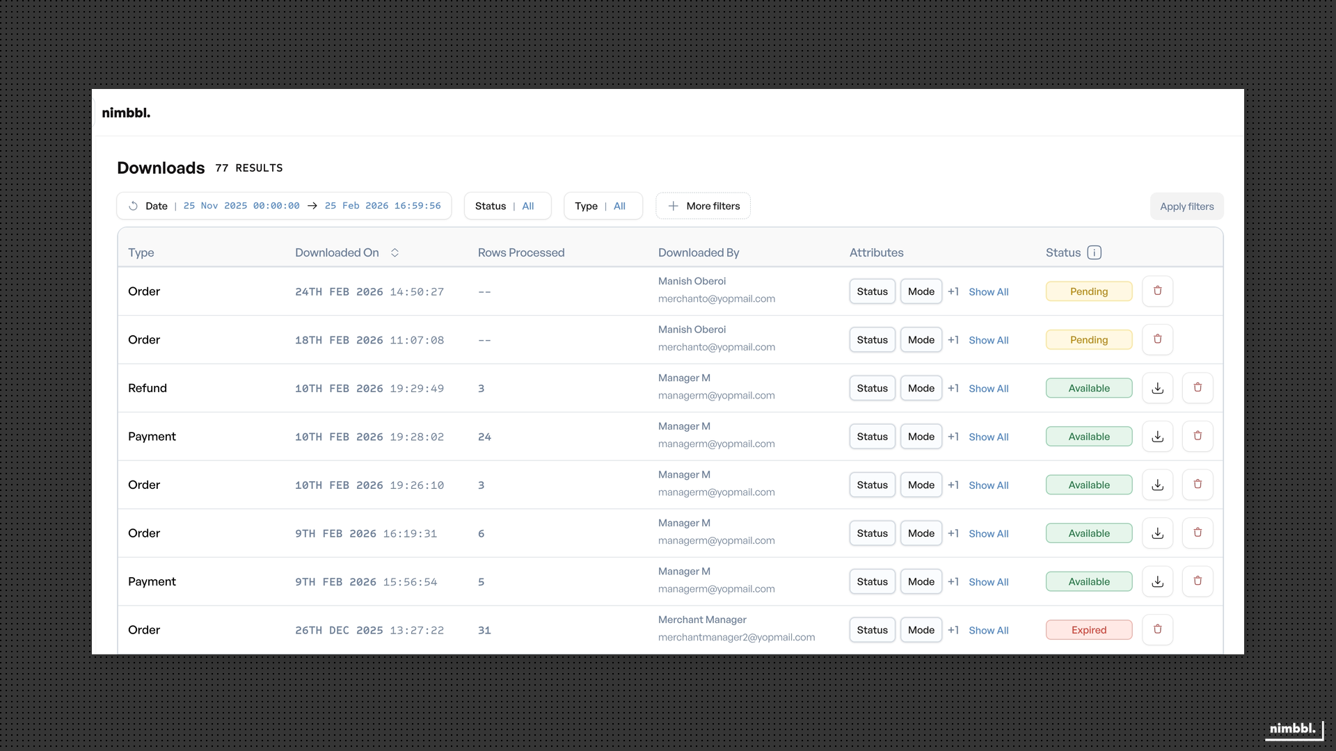 Downloads list showing export requests with status indicators and download actions