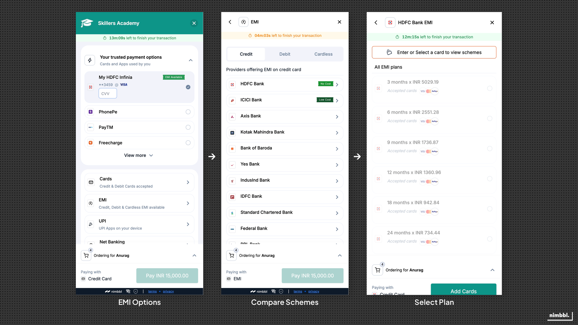 EMI discovery flow showing EMI options in the fast tray, the EMI calculator, and scheme selection