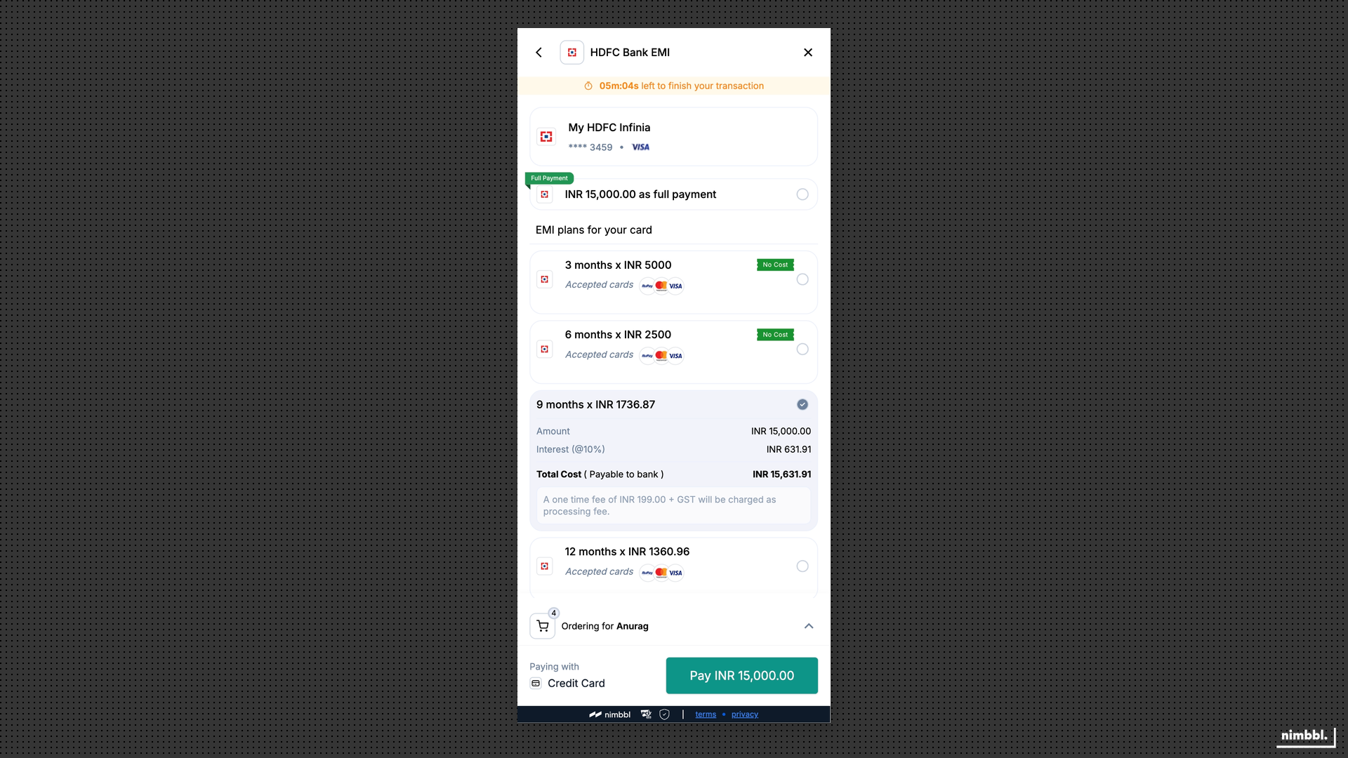 EMI pricing breakdown showing installment details, interest, and total cost