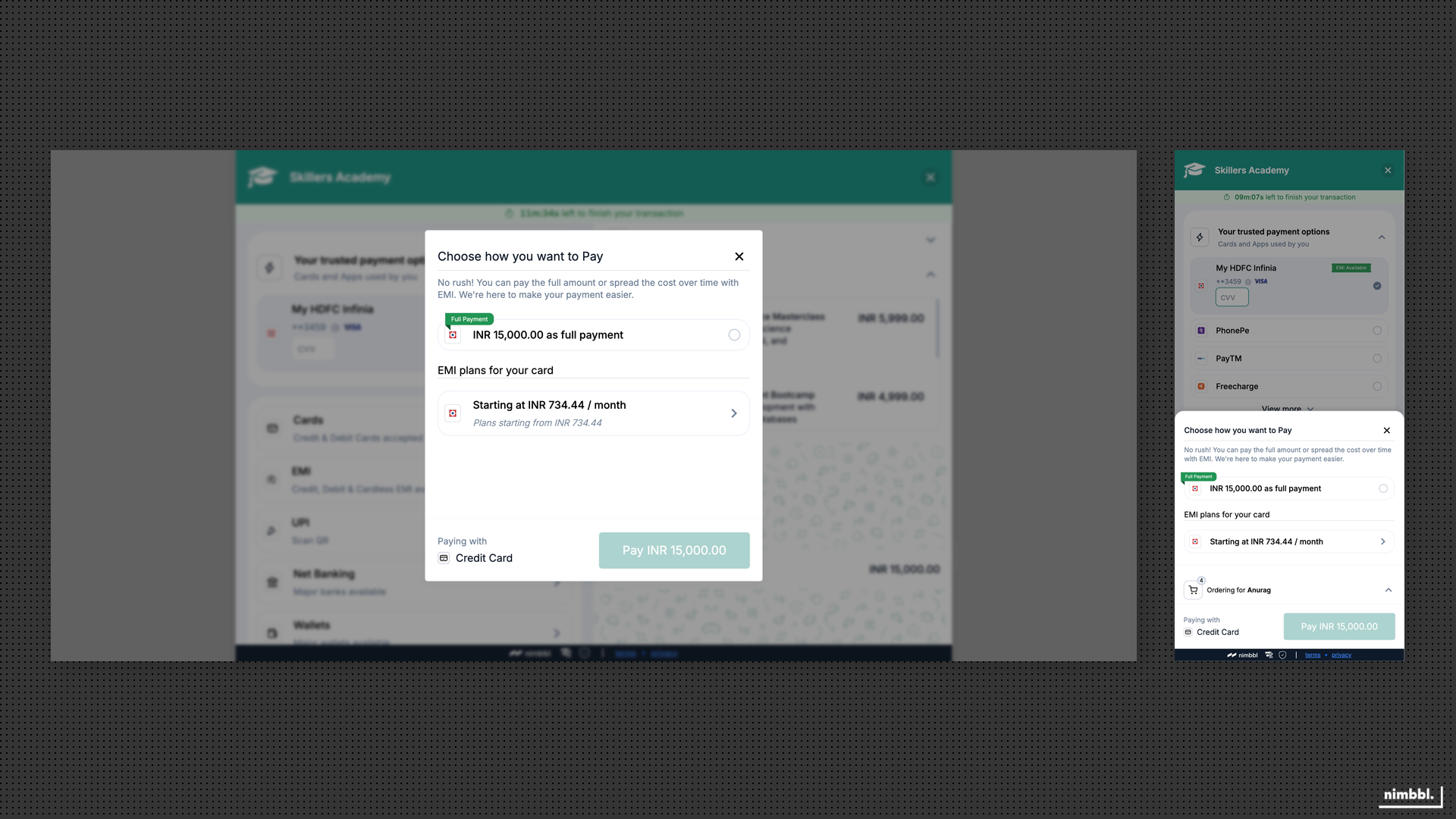 EMI flow adapted for saved card selection