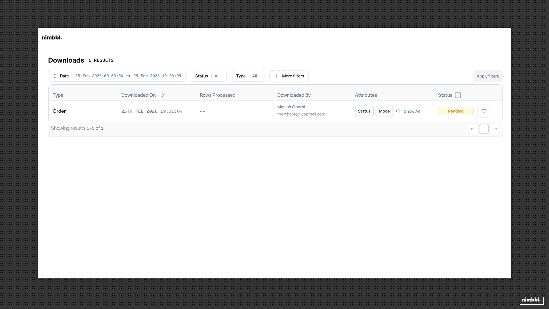 Files > Downloads showing export status and download links
