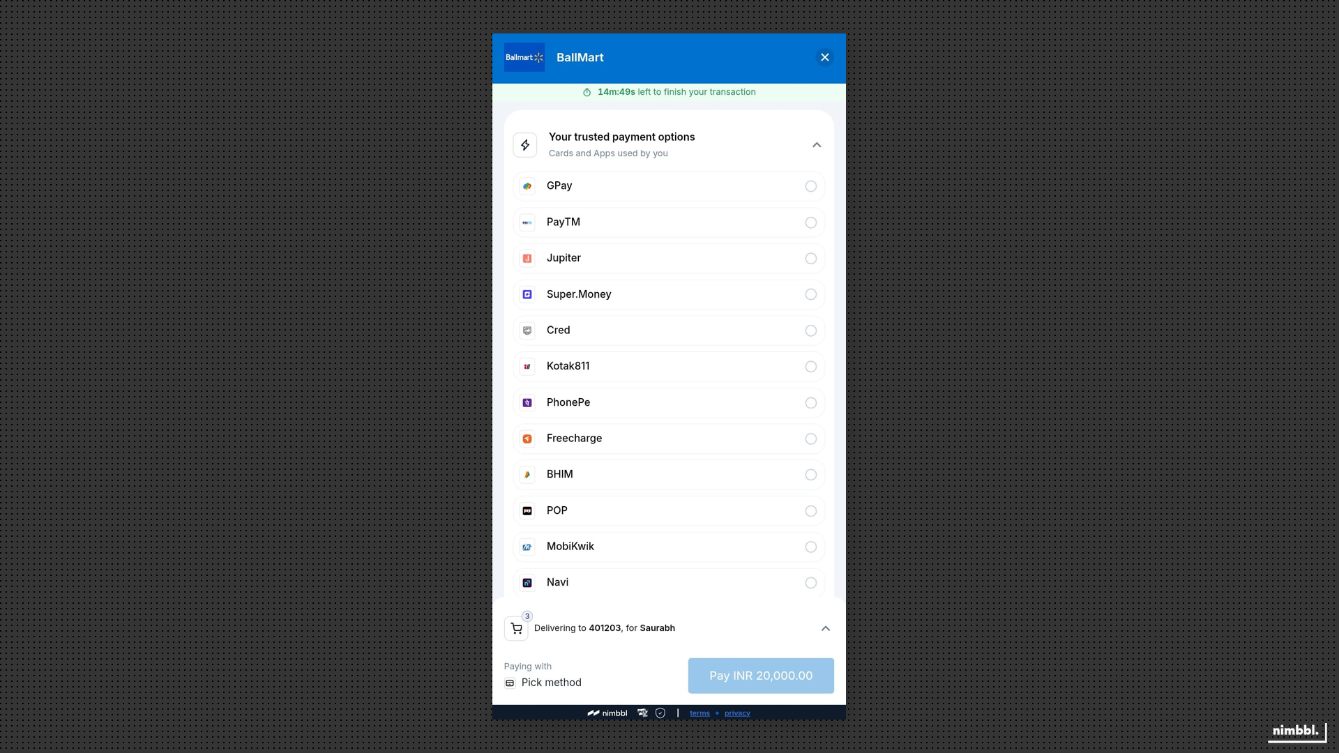 Magik UPI in Sonic checkout showing the customer's preferred UPI app