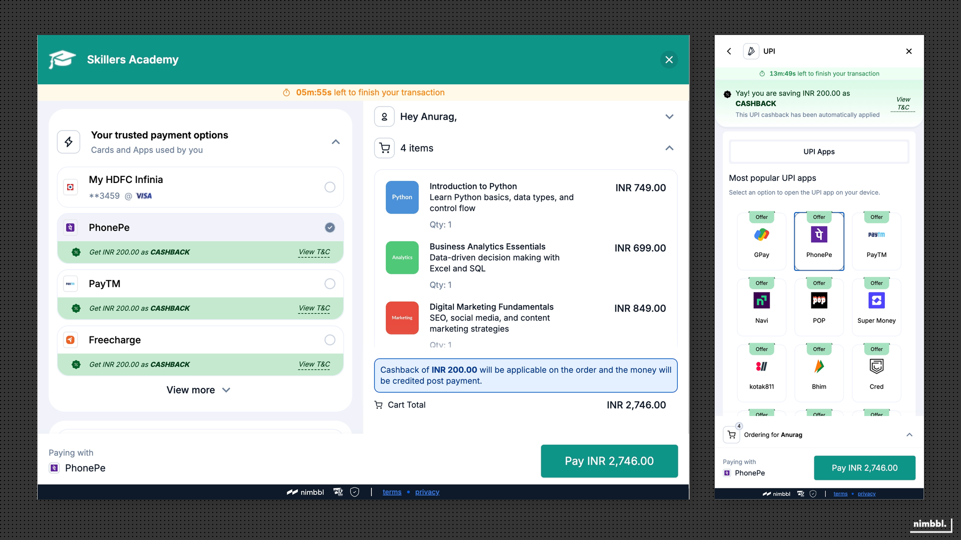 Cashback offer applied at checkout showing cashback amount