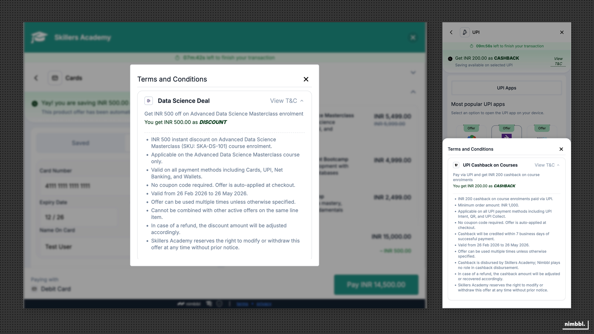 Offer terms and conditions displayed during checkout
