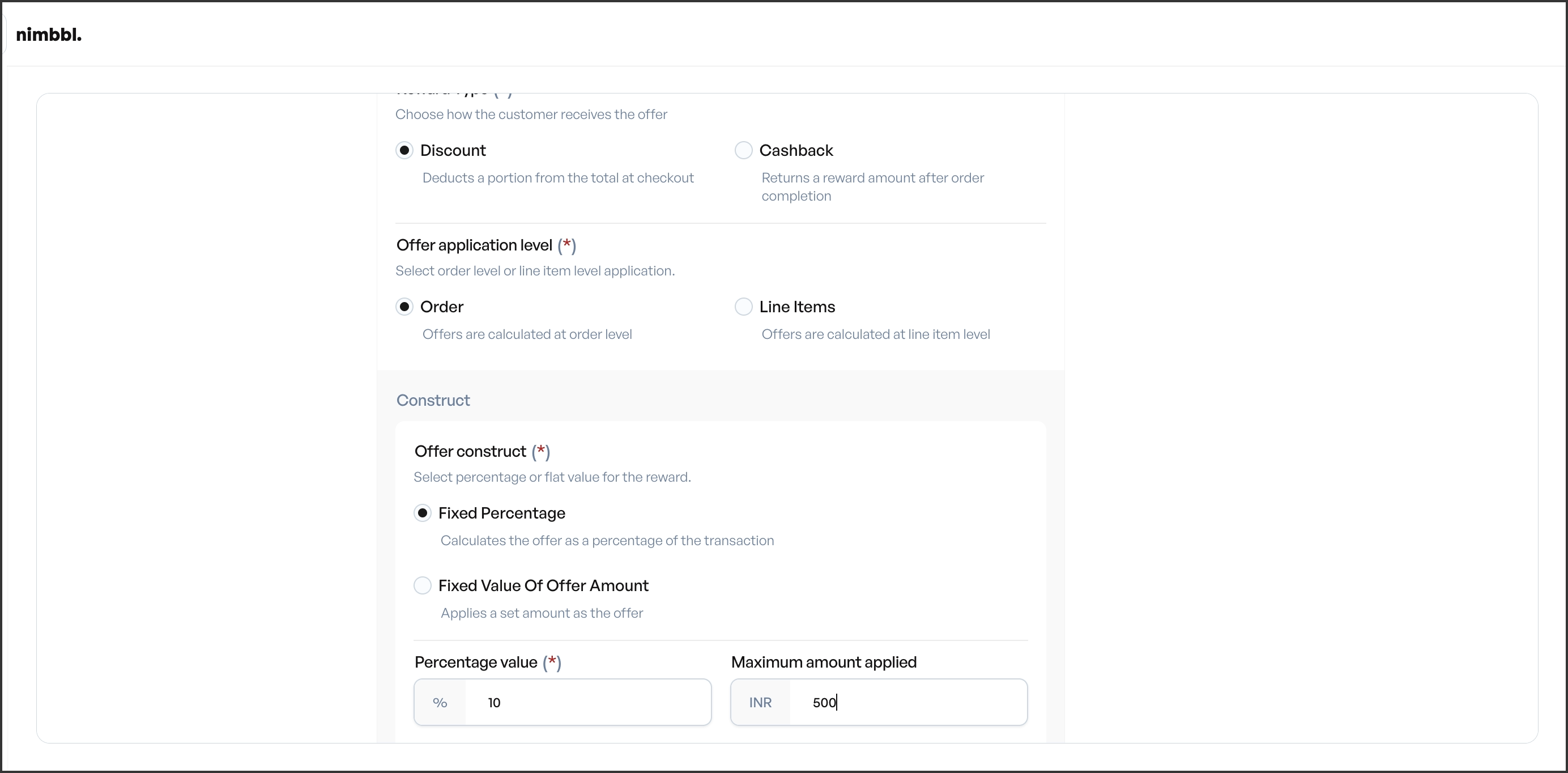 Offer type and construct selection