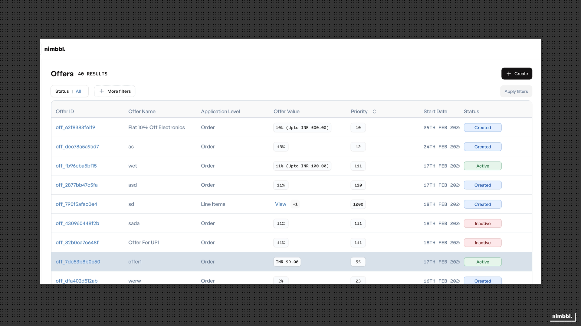 Offers list with filters