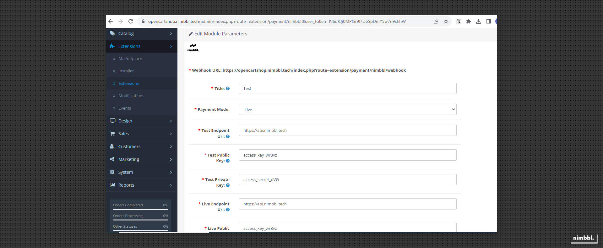 API credentials and endpoint fields