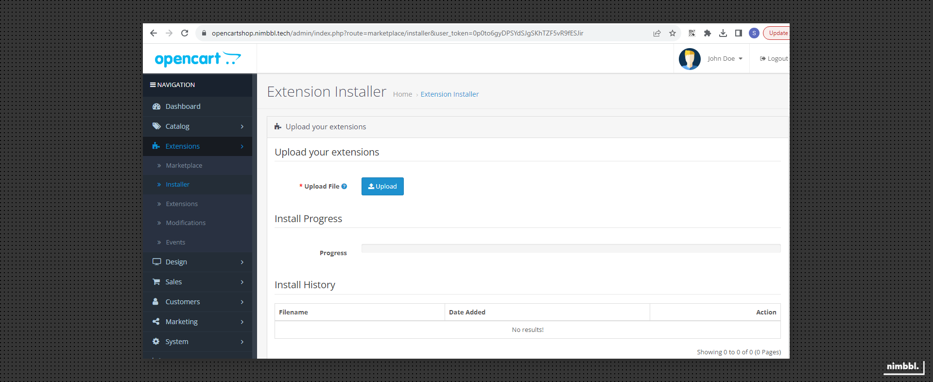 OpenCart extension installer page
