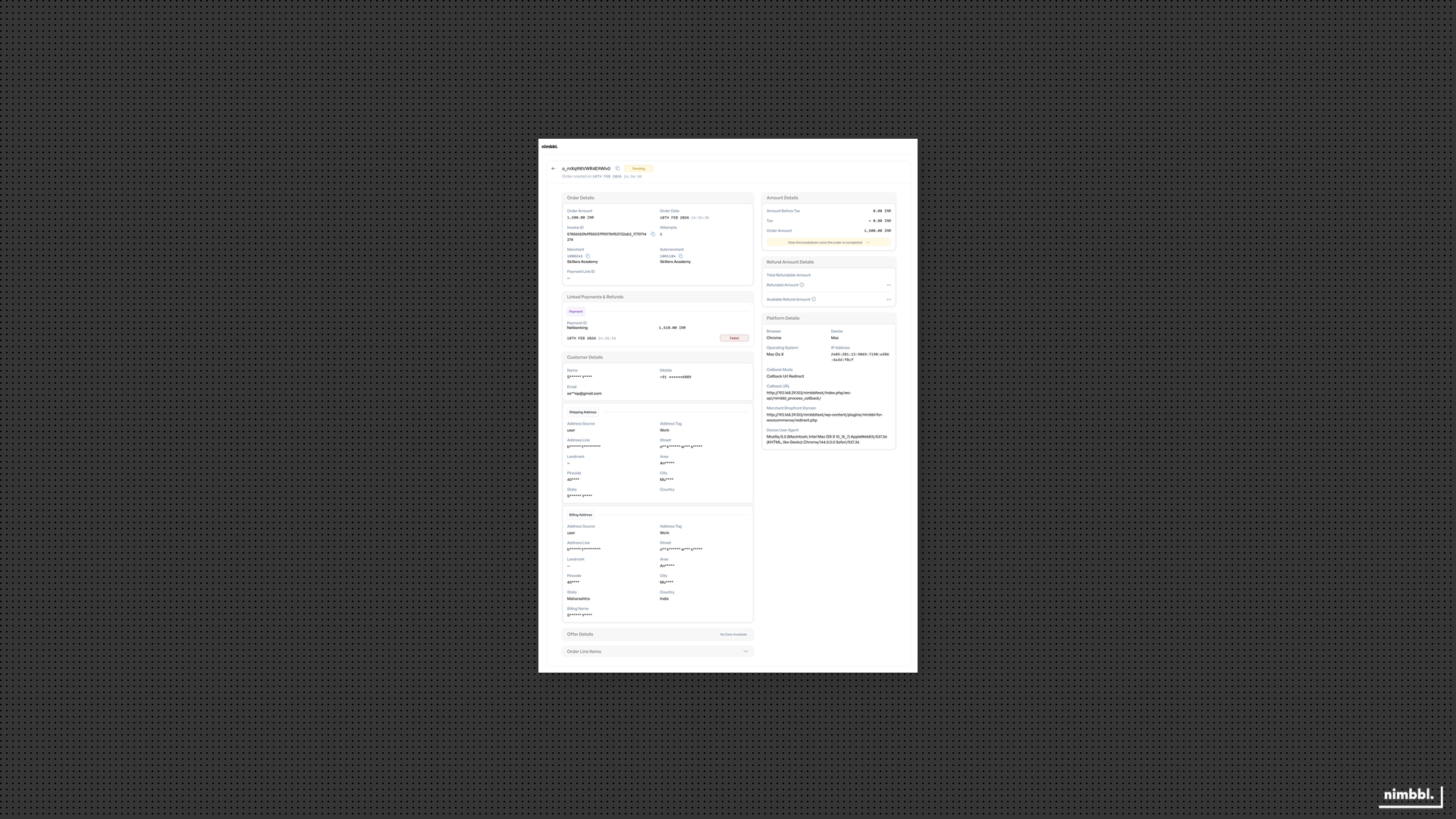 Order detail view showing order information, associated payments, and refunds