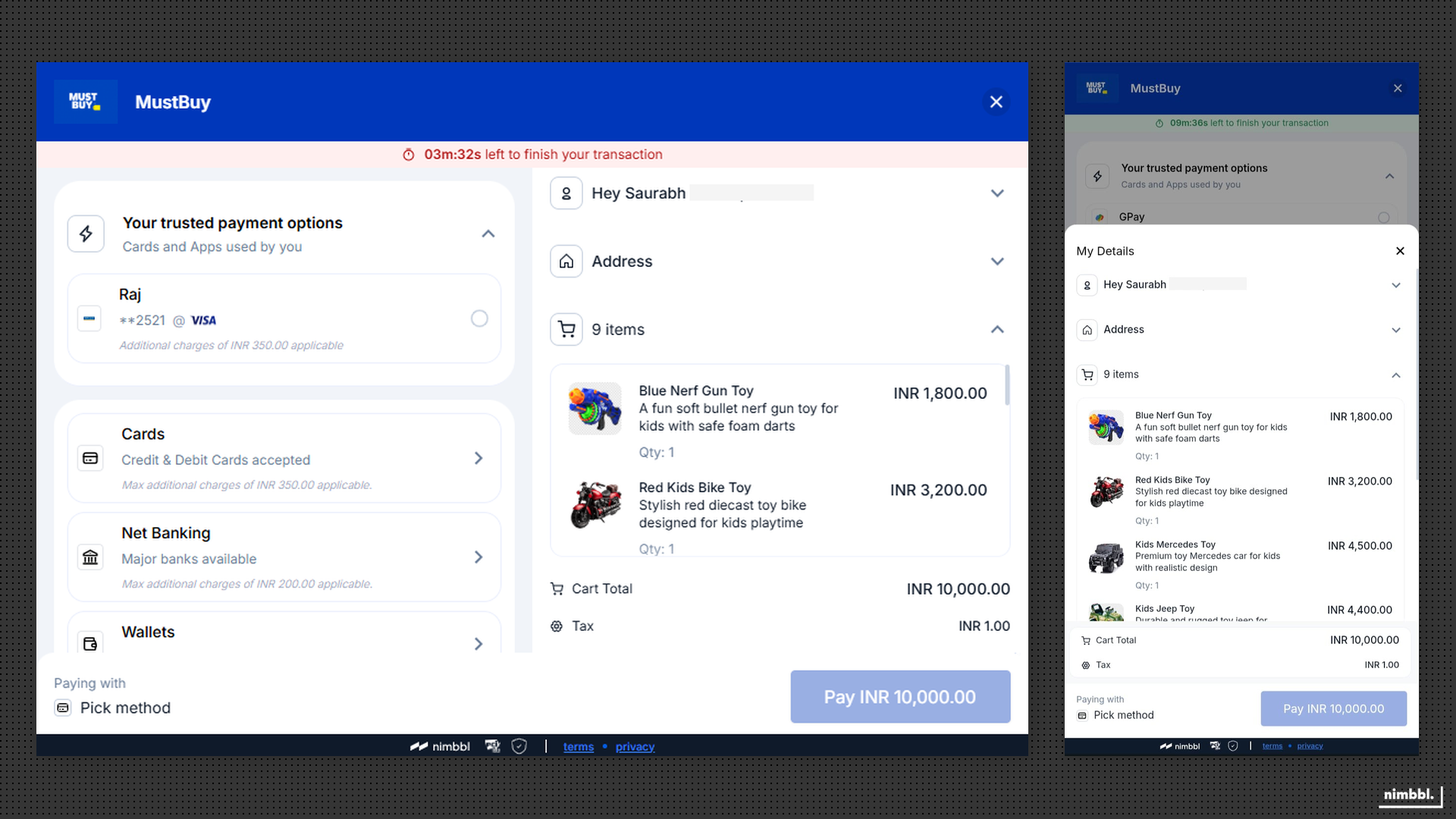 Order summary with item details and pricing on desktop and mobile