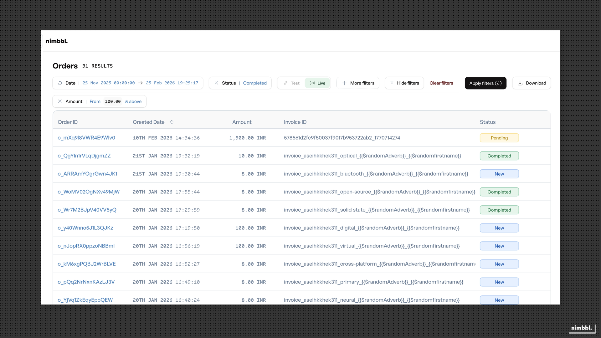 Filter chips showing applied order filters