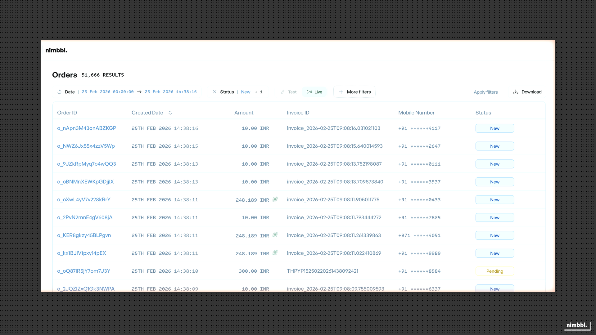Orders list with filters applied showing recent orders