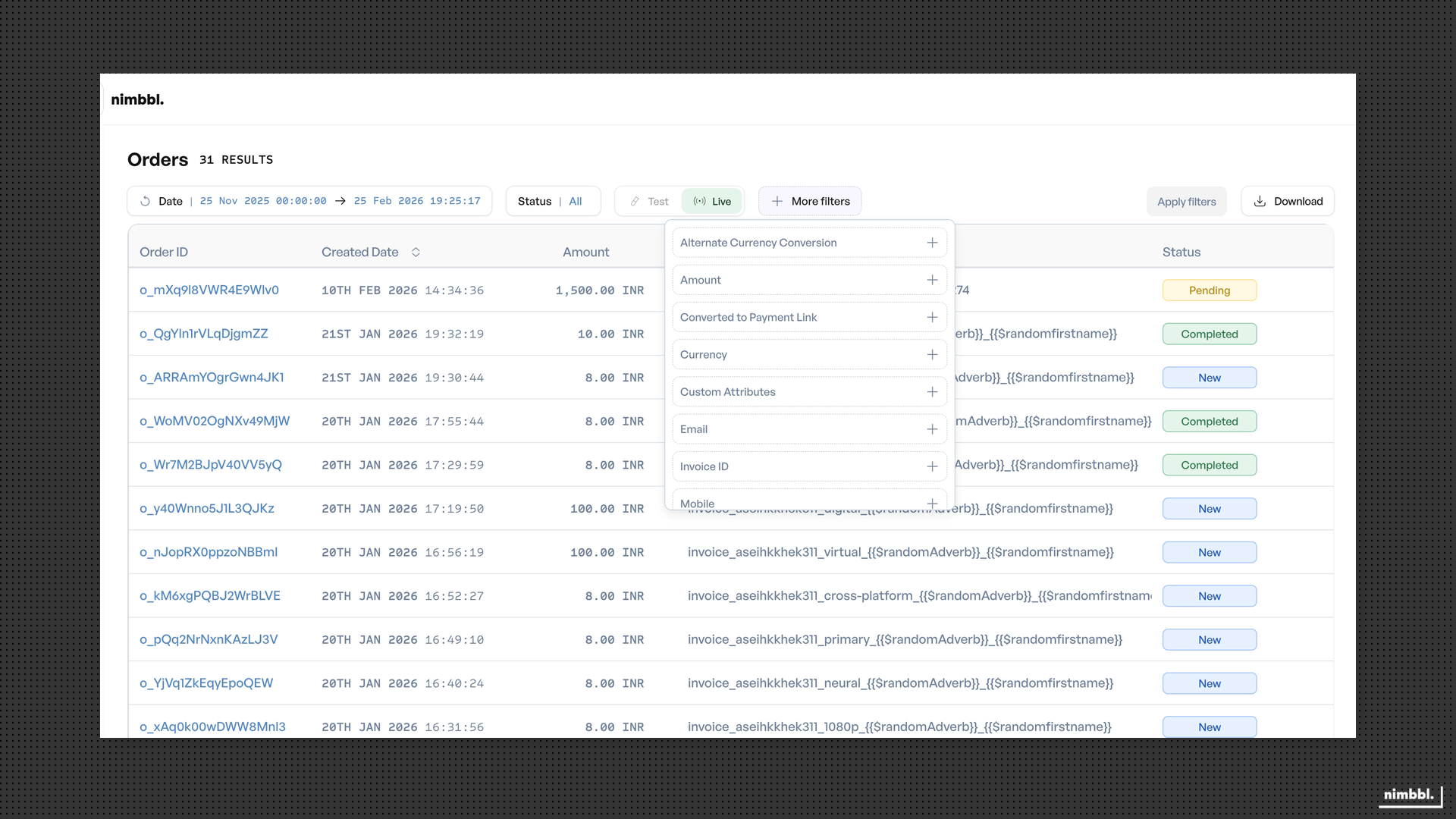 Orders unique filters in the advanced filters section