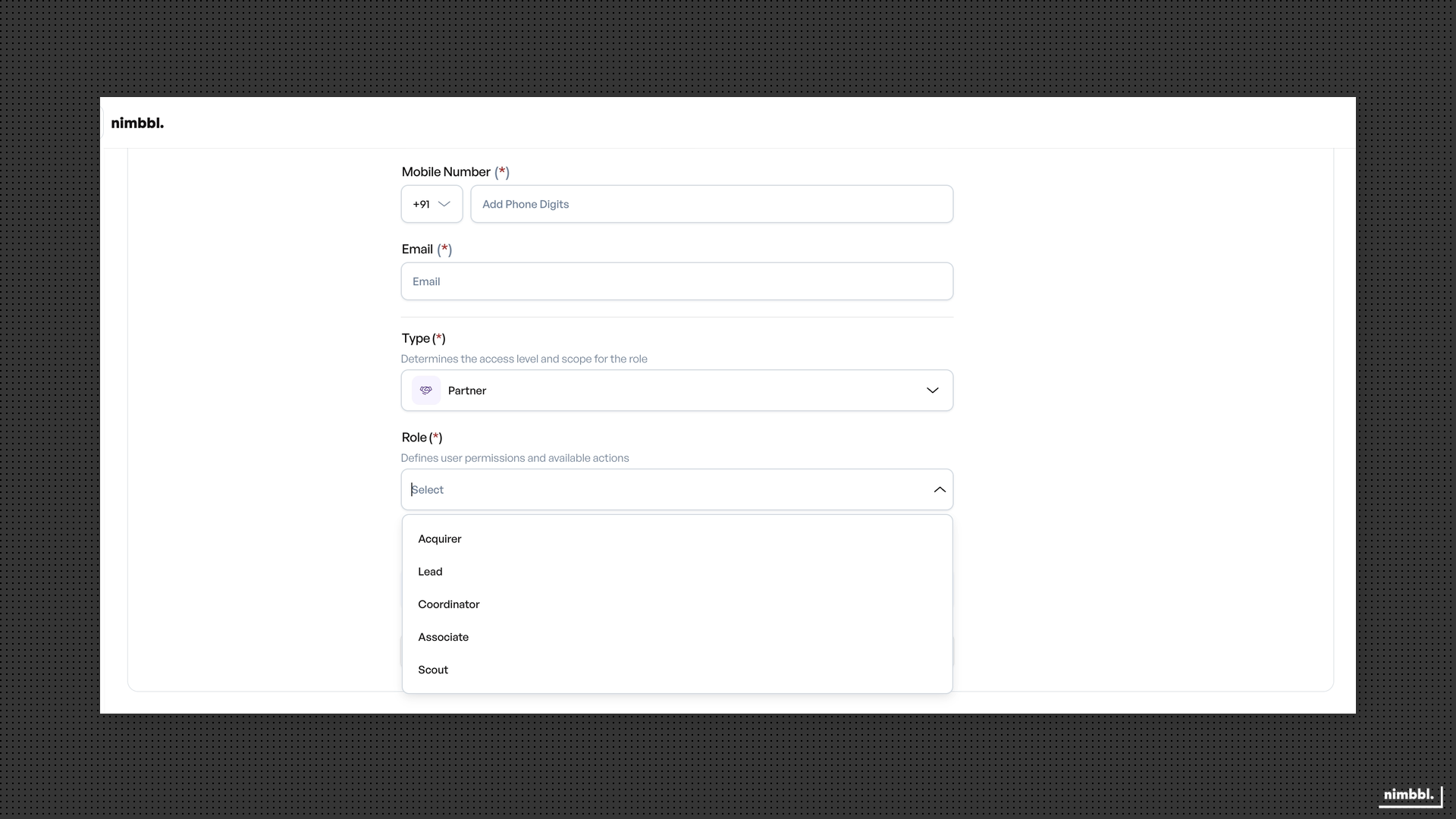 Partner role dropdown showing Acquirer, Lead, Coordinator, Associate, and Scout