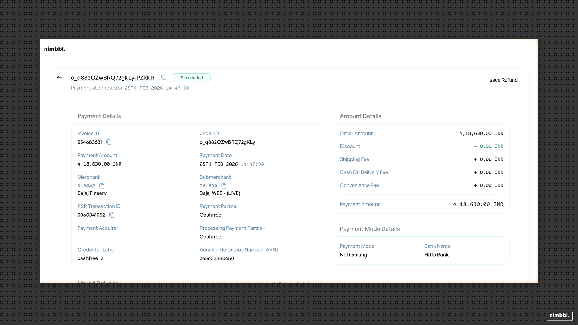 Payment detail view showing payment information and associated refunds