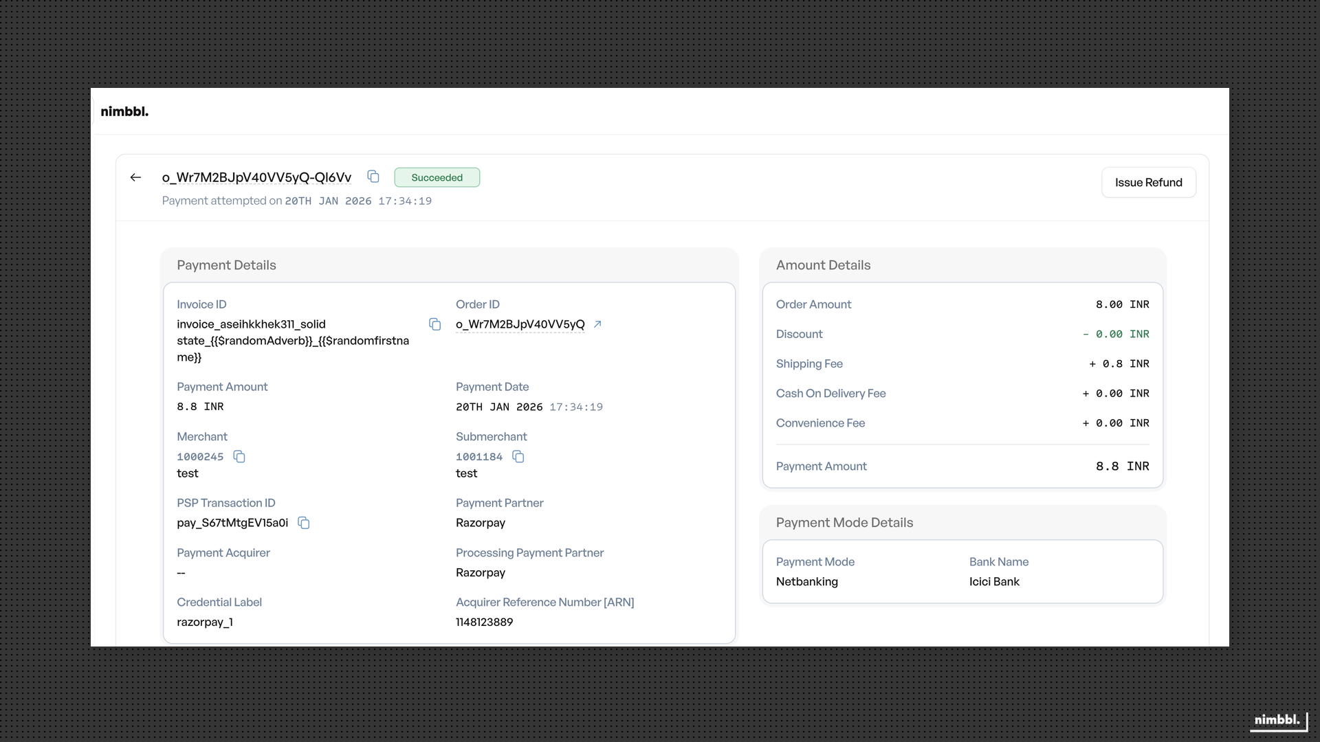 Payment details showing the Issue Refund button for an eligible payment