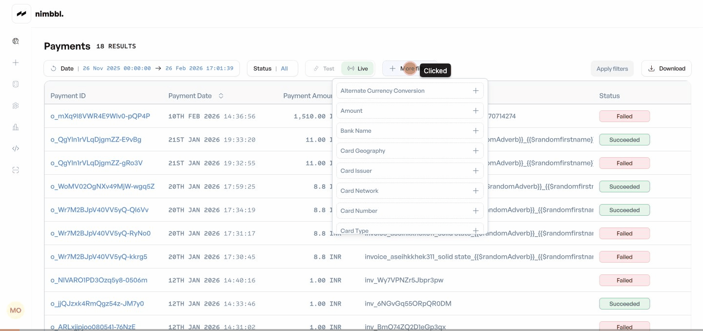 Payment filters workflow showing how to apply payment-specific filters and view results