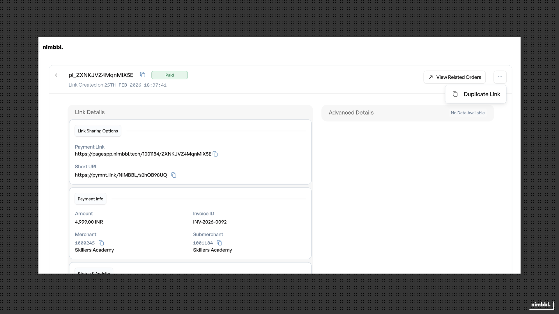 Payment link detail actions
