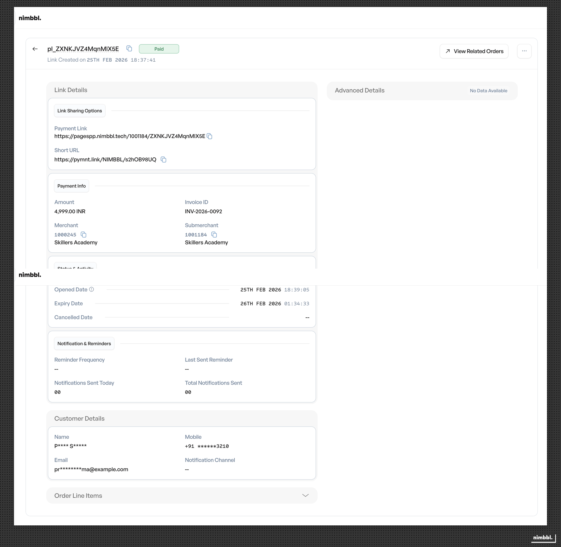 Payment link detail view