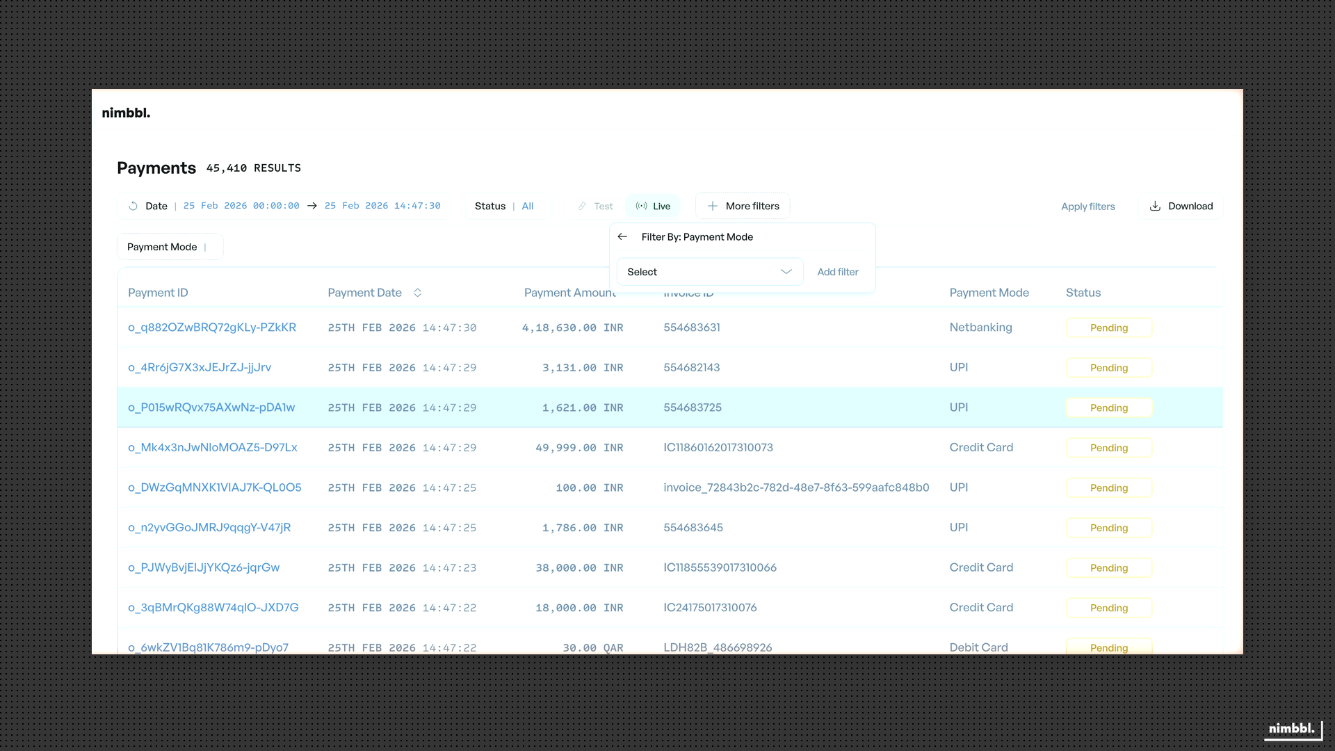 Payment Mode filter dropdown showing available options