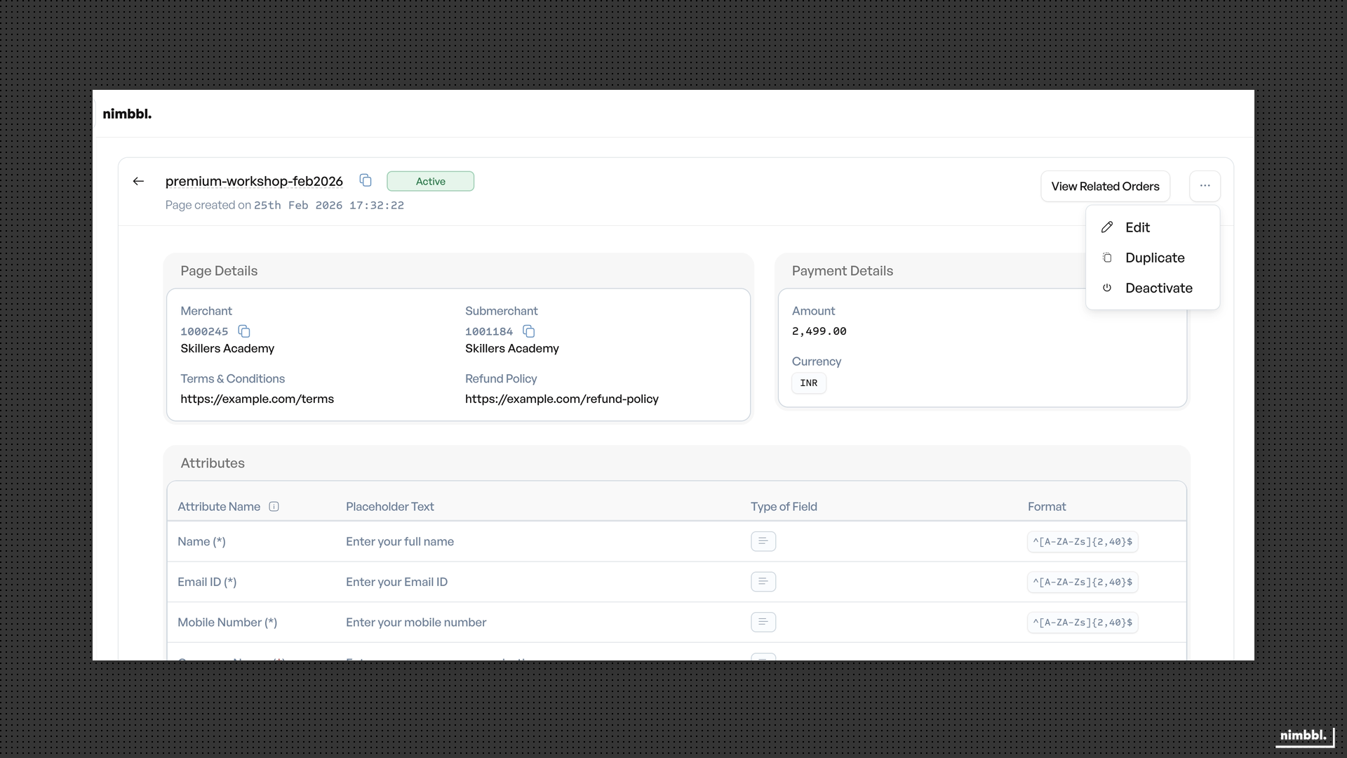 Payment page detail actions