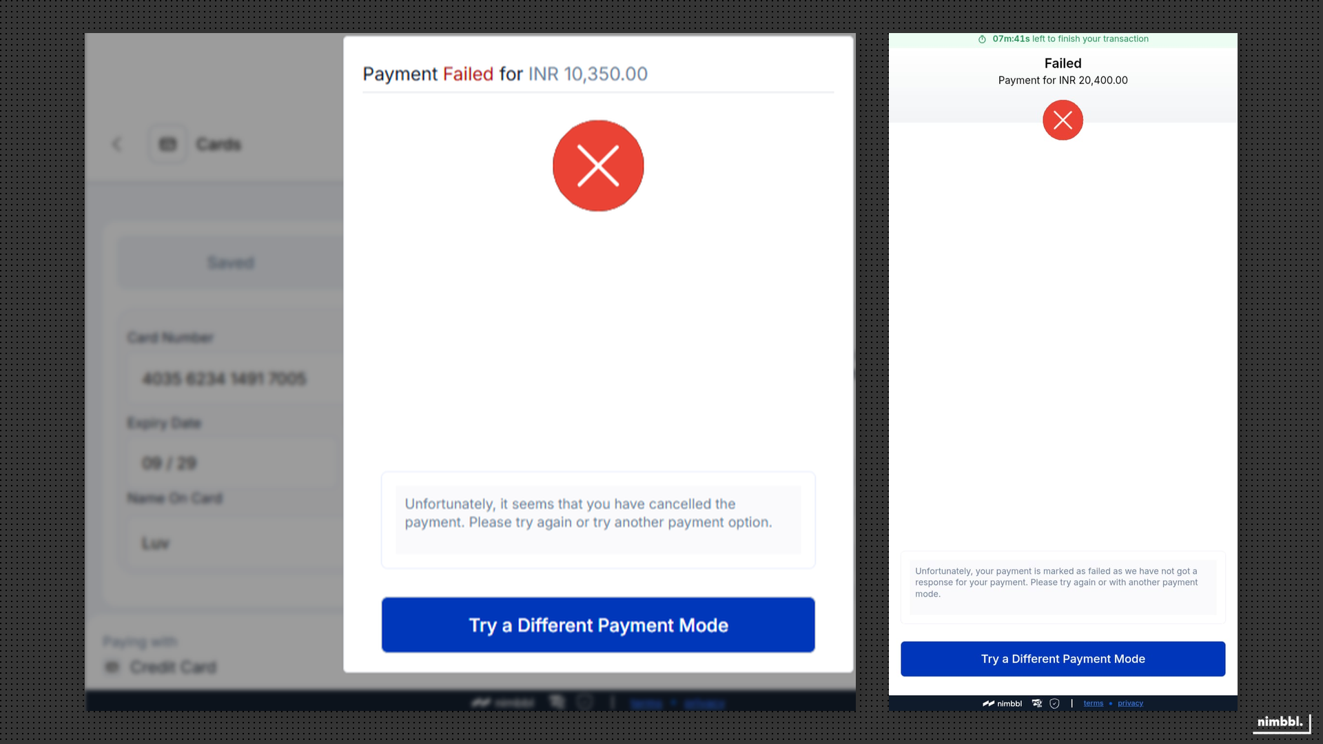 Payment failure screen with retry options on desktop and mobile