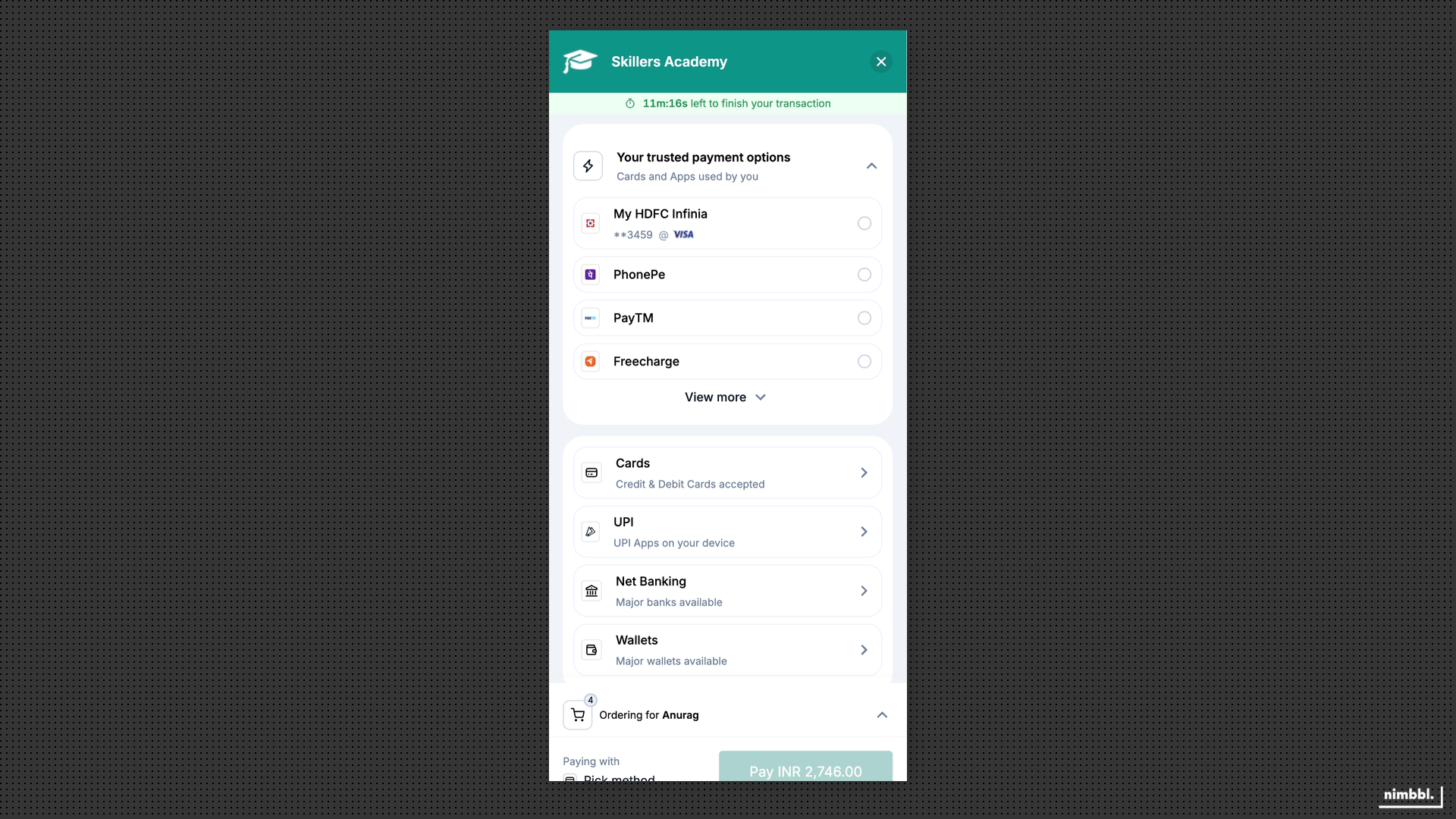 Payment mode visibility configuration showing fast payment tray and traditional payment modes