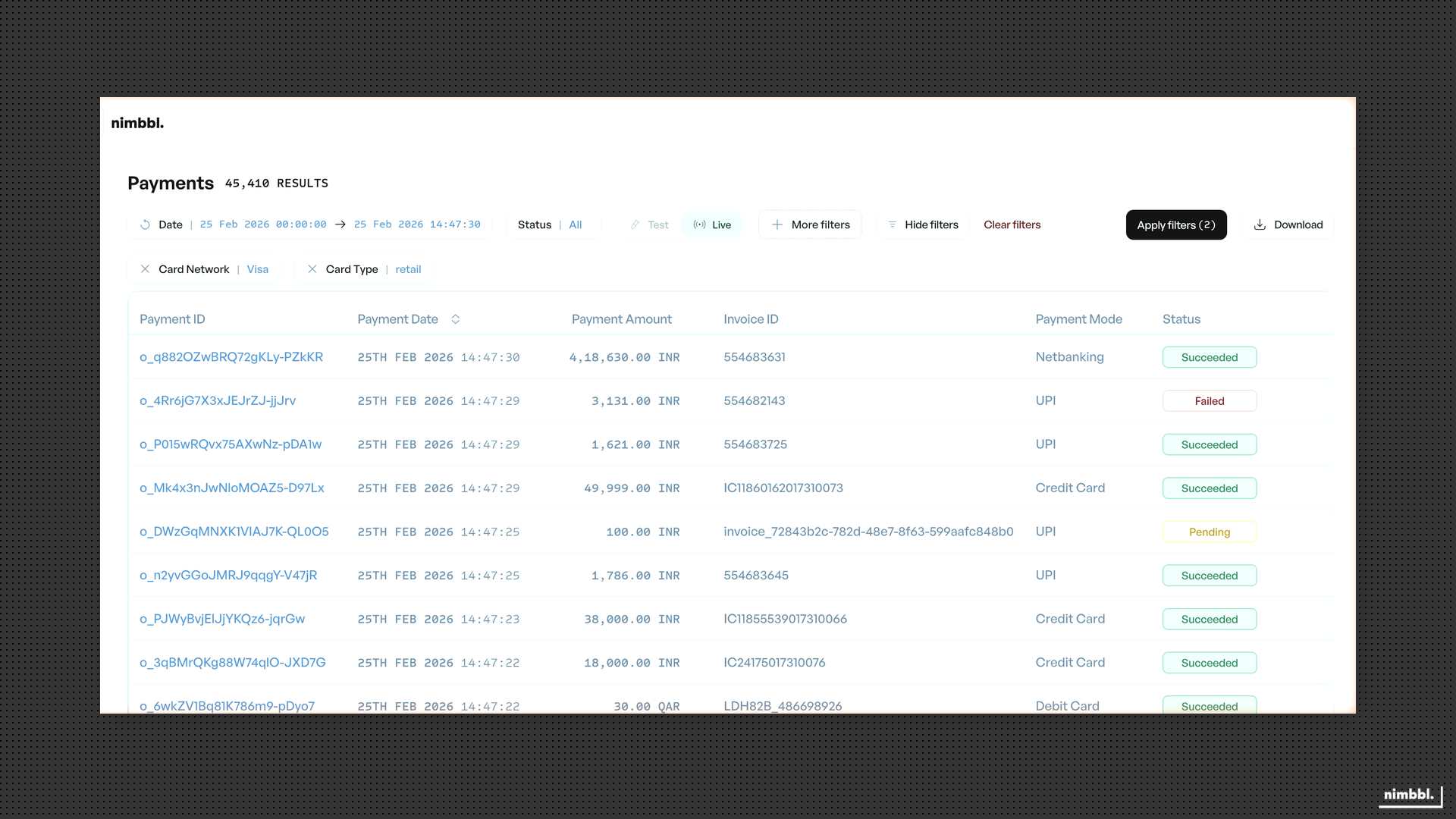 Payments filter chips showing applied card filters