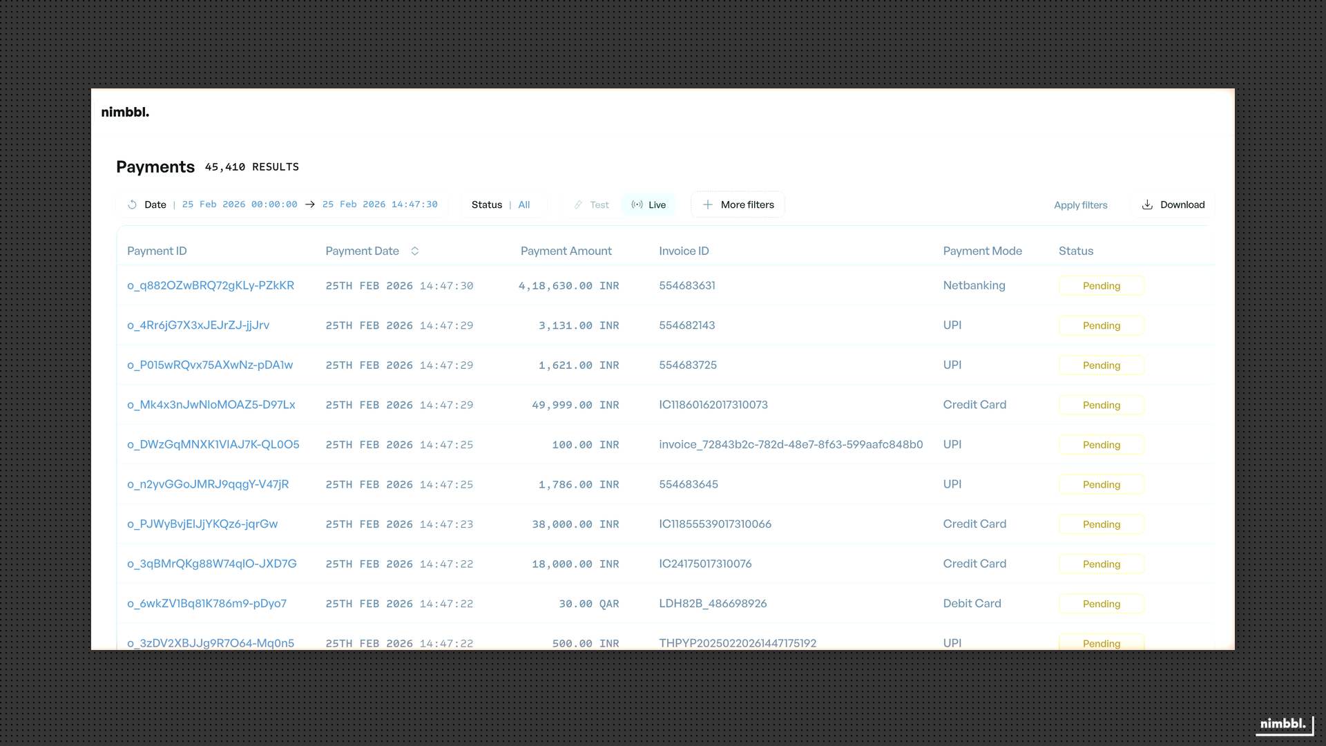 Payments list with filters applied showing recent payments