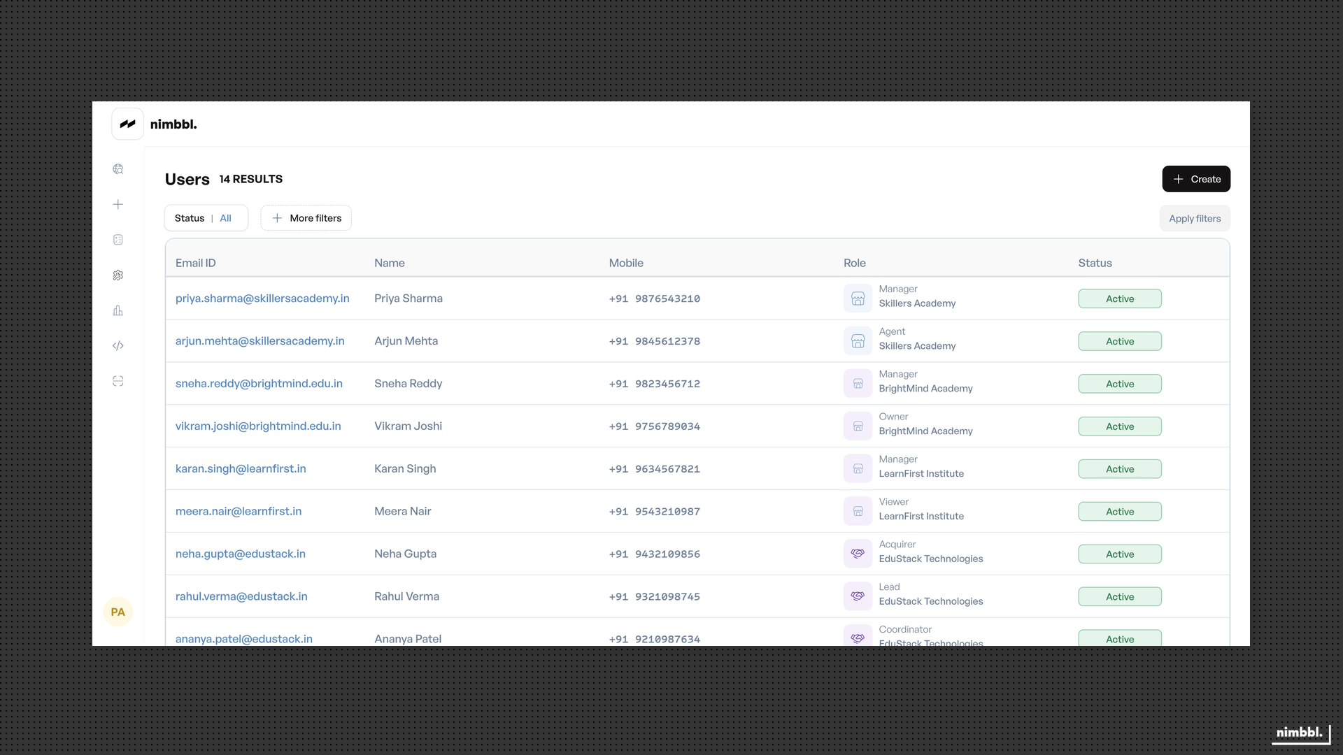 People list showing team members with their roles and status