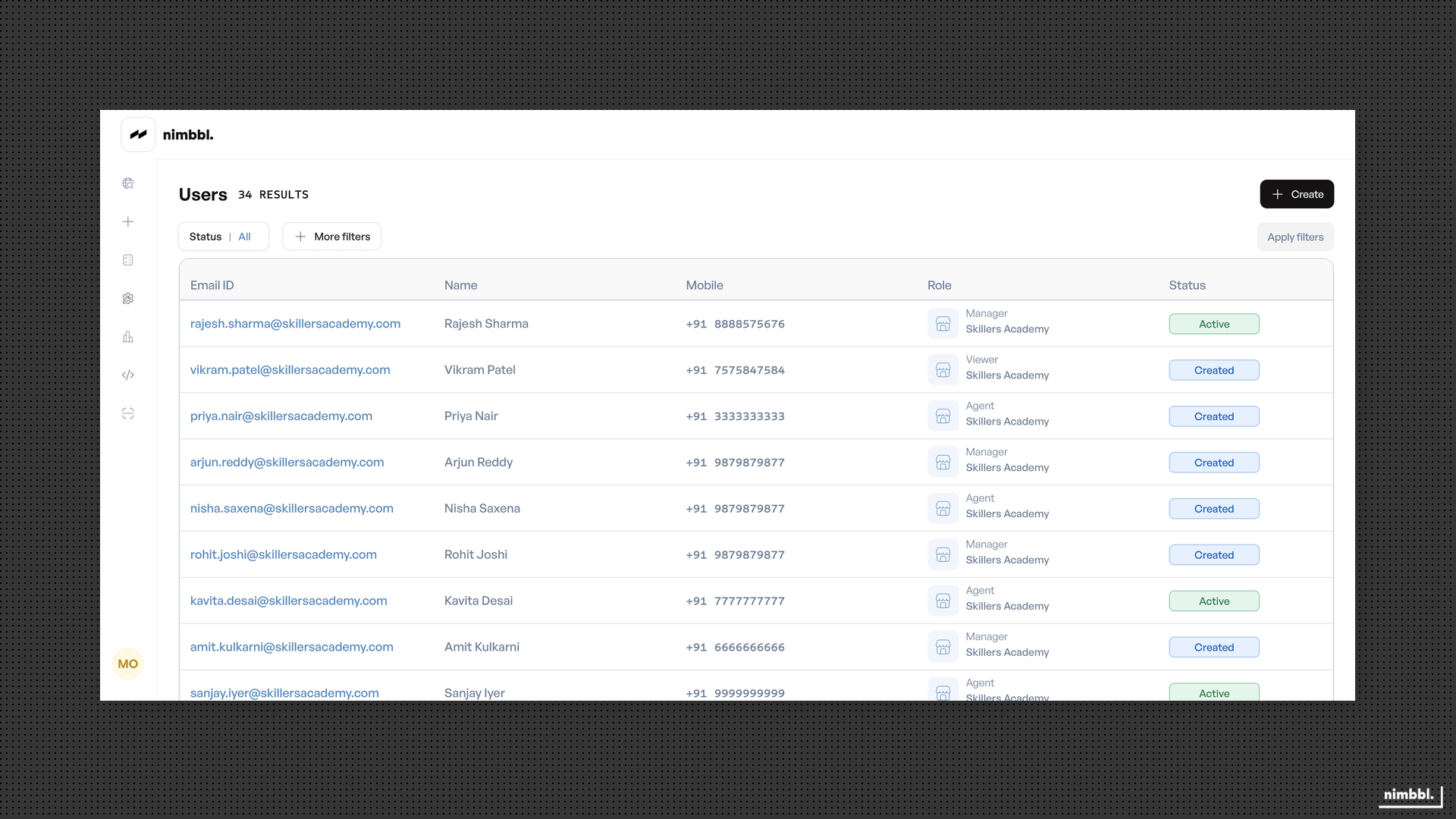 People list showing team members with roles and statuses
