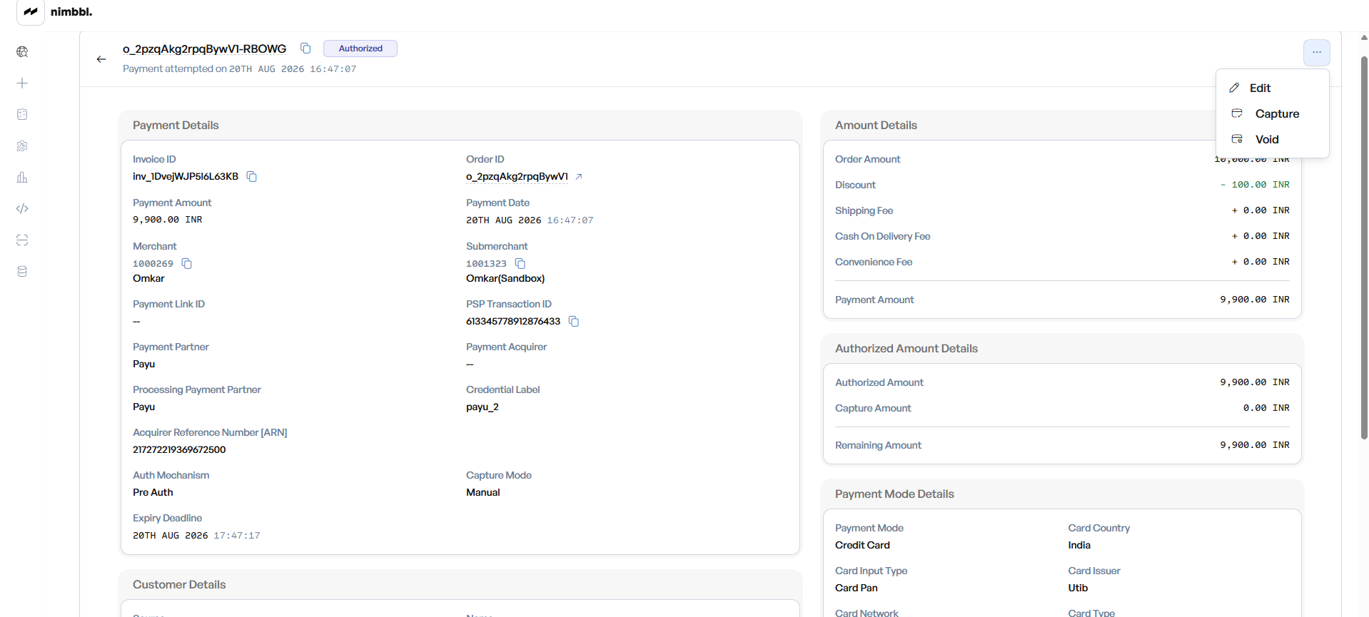 An authorized payment's detail view with the Capture and Void actions