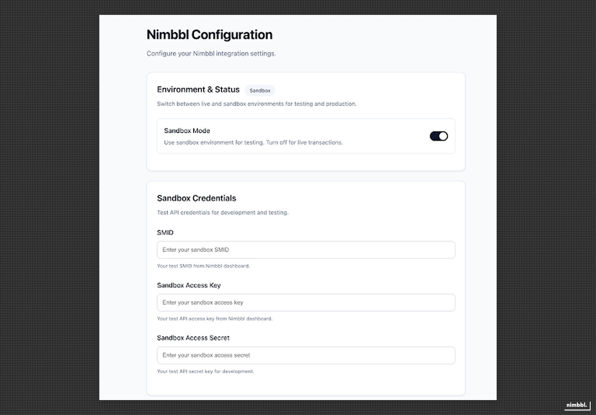 Sandbox credentials input form